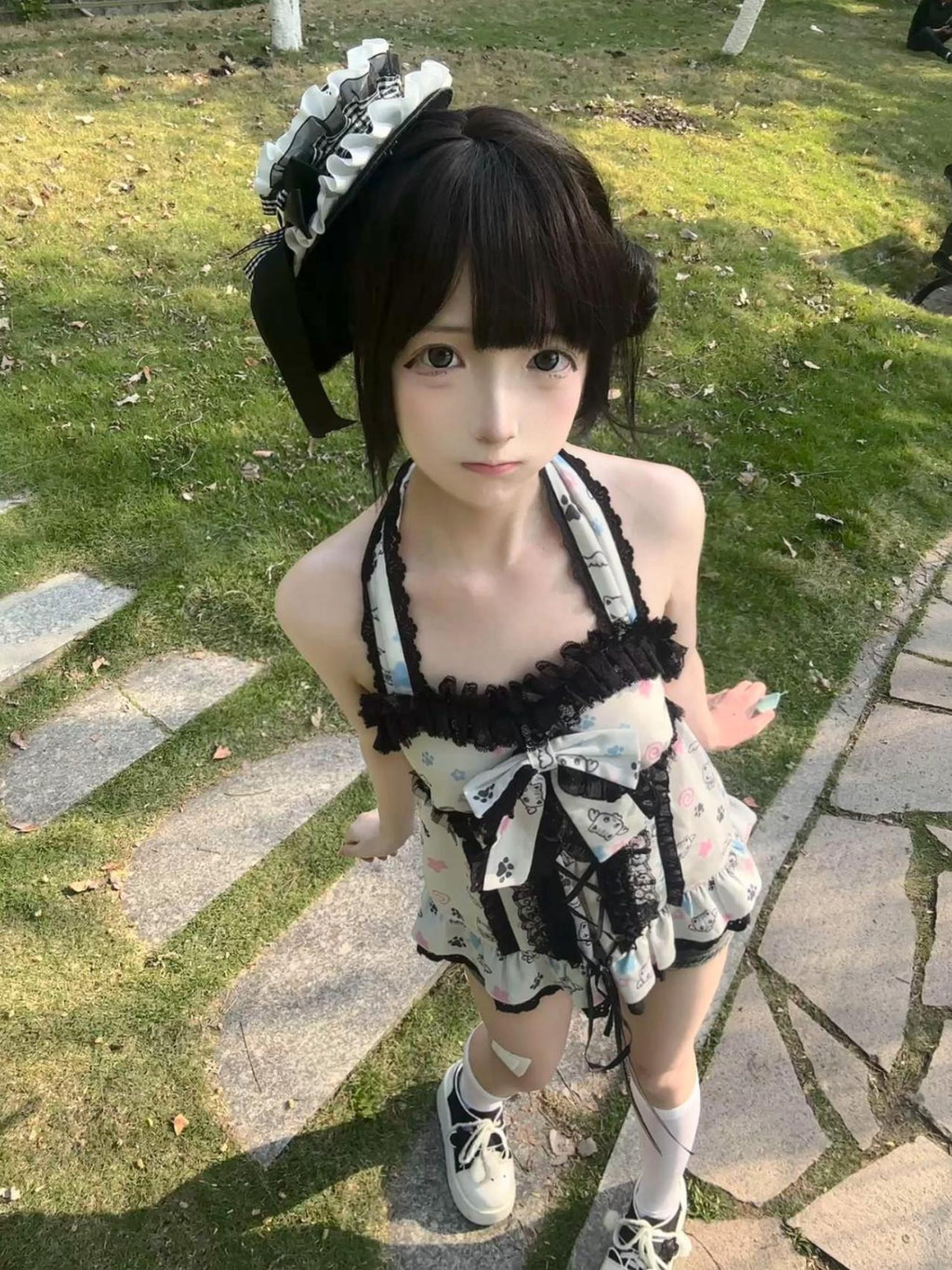 kukuwa Angel Print Bow Tie Halter Neck Women's Lace Jsk / Jumper Skirts