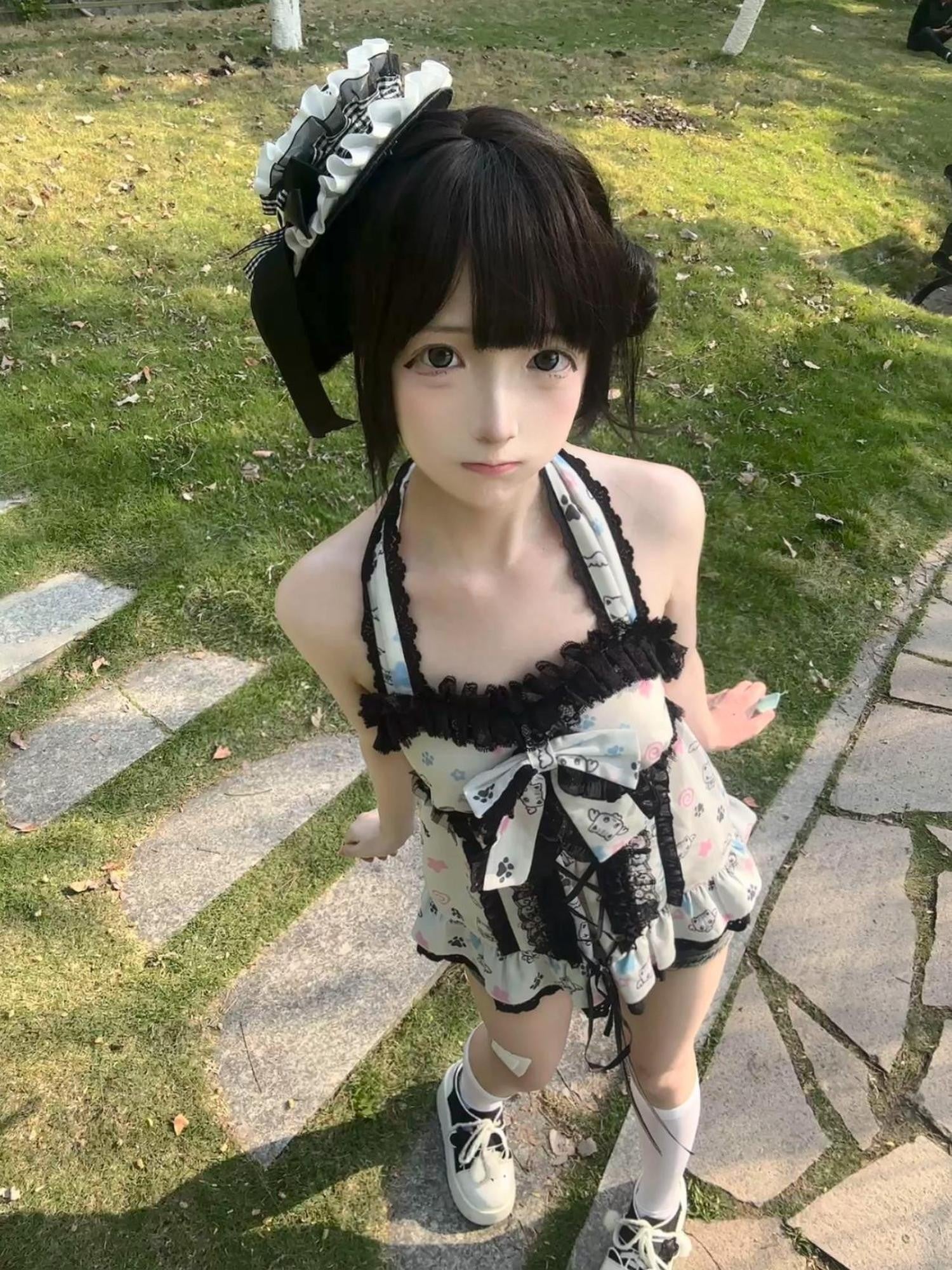 kukuwa Angel Print Bow Tie Halter Neck Women's Lace Jsk / Jumper Skirts