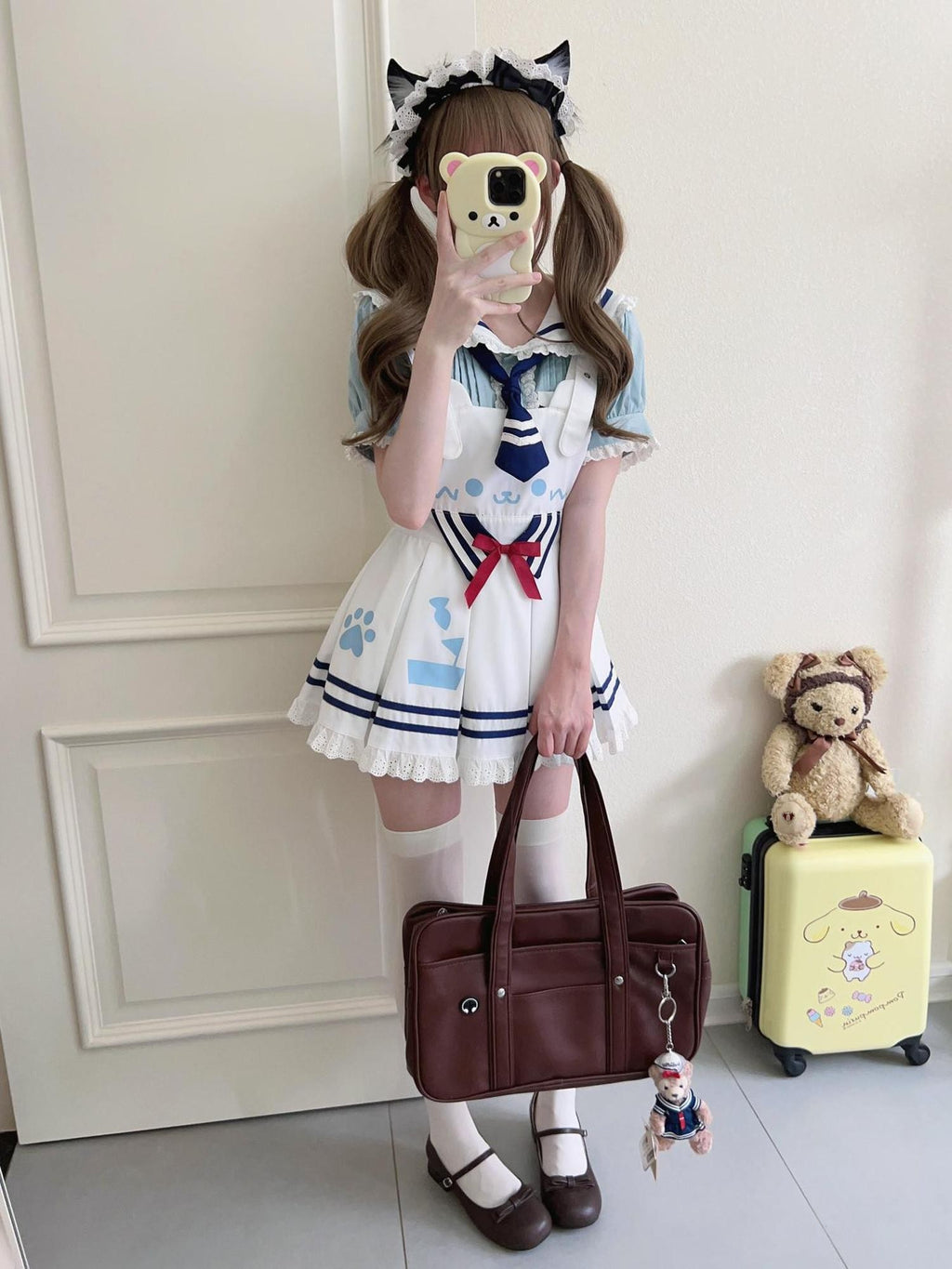 kukuwa Bear Ear Bow Waist Tie Pleated Women's Cotton Blend Jsk / Jumper Skirts