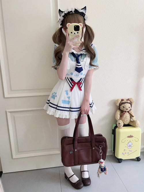 kukuwa Bear Ear Bow Waist Tie Pleated Women's Cotton Blend Jsk / Jumper Skirts