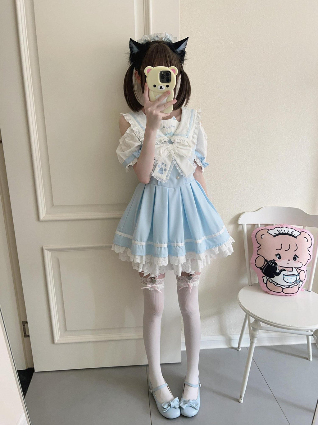 kukuwa Bear Motif Sailor Collar Lace Bow Puff Sleeve Women's Short Sleeve Op