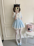 kukuwa Bear Motif Sailor Collar Lace Bow Puff Sleeve Women's Short Sleeve Op