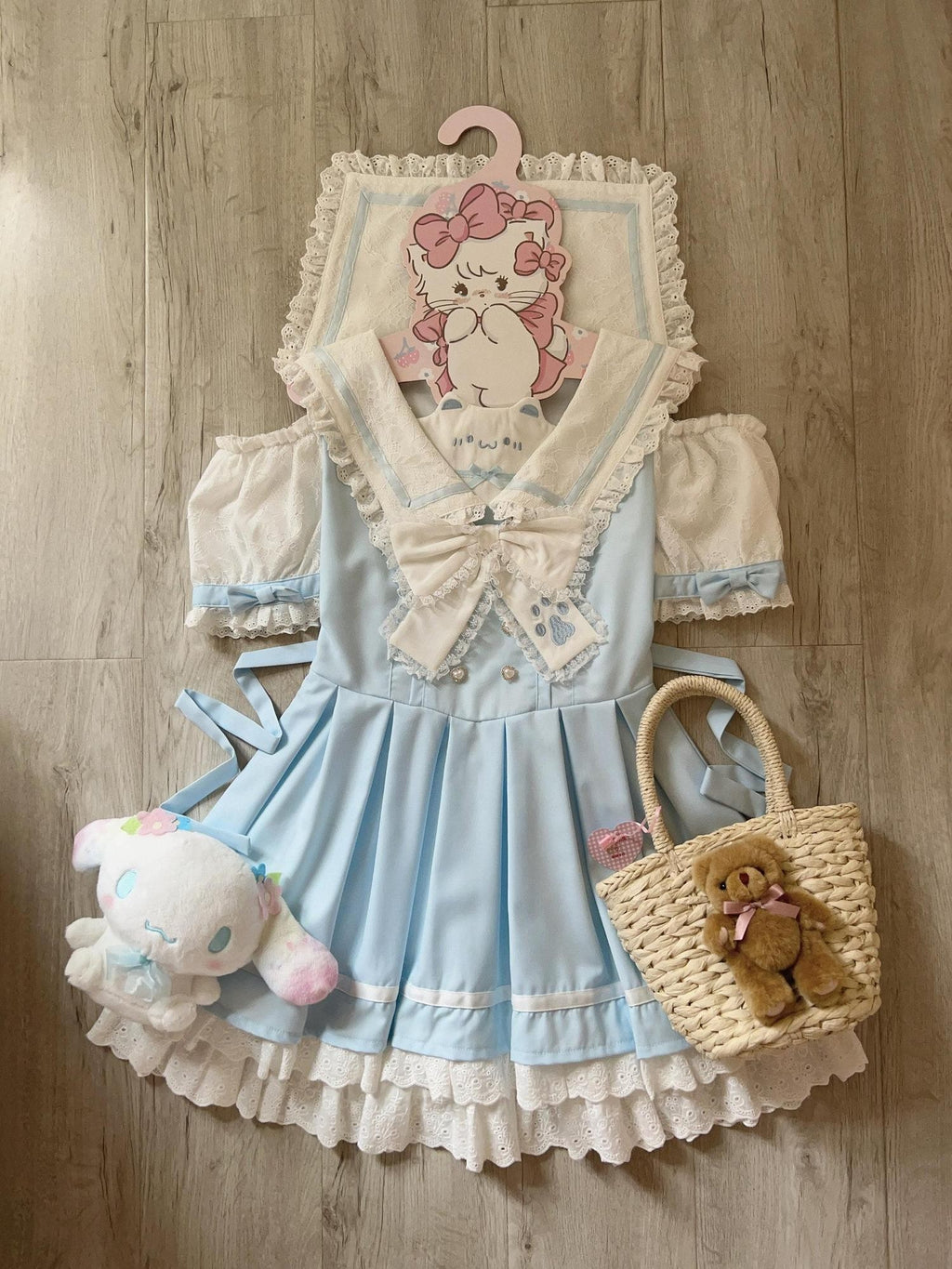 kukuwa Bear Motif Sailor Collar Lace Bow Puff Sleeve Women's Short Sleeve Op