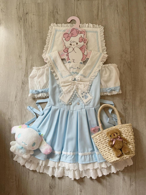 kukuwa Bear Motif Sailor Collar Lace Bow Puff Sleeve Women's Short Sleeve Op