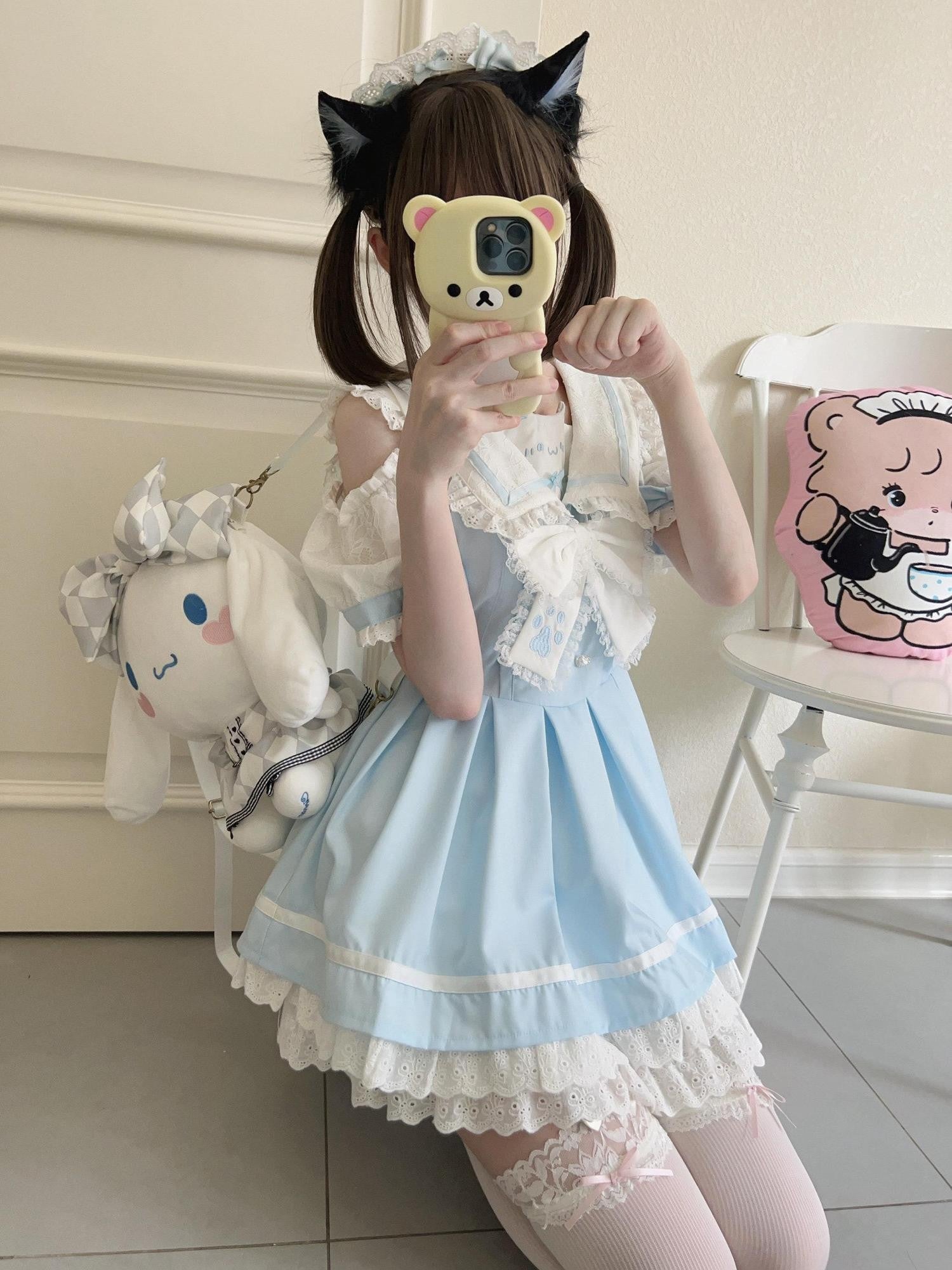 kukuwa Bear Motif Sailor Collar Lace Bow Puff Sleeve Women's Short Sleeve Op