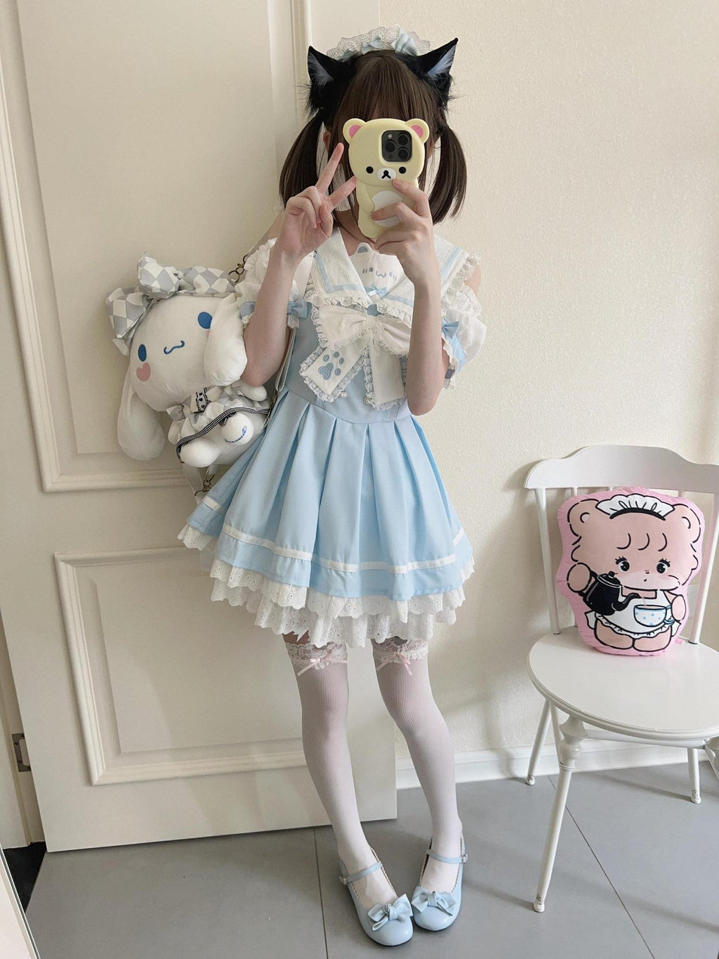 kukuwa Bear Motif Sailor Collar Lace Bow Puff Sleeve Women's Short Sleeve Op