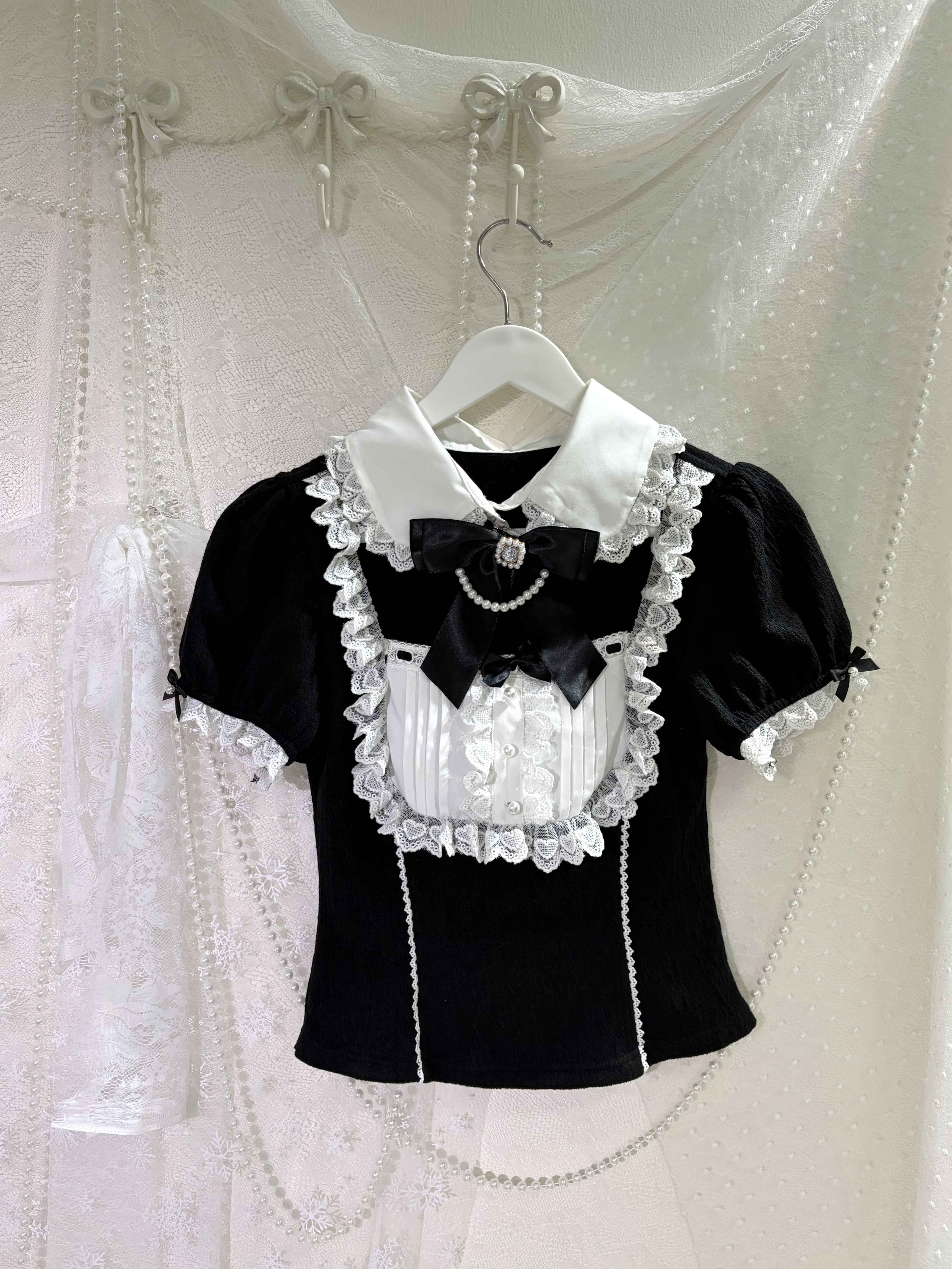 kukuwa_Black_White_Maid_Lace_Splice_Puff_Sleeve_Bow_Pearl_Women's_Skirt_Sets_1057891710741_MISSTT