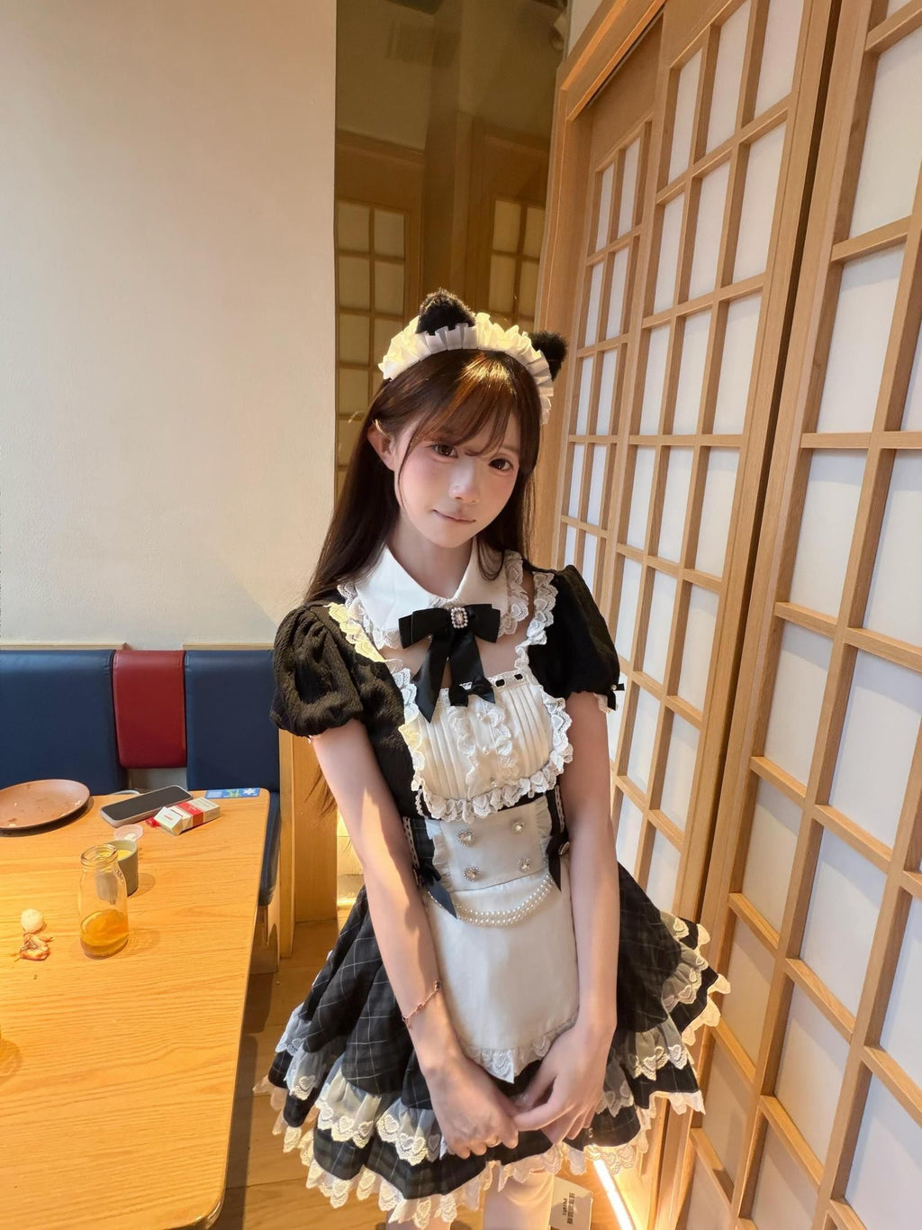 kukuwa Black White Maid Lace Splice Puff Sleeve Bow Pearl Women's Skirt Sets