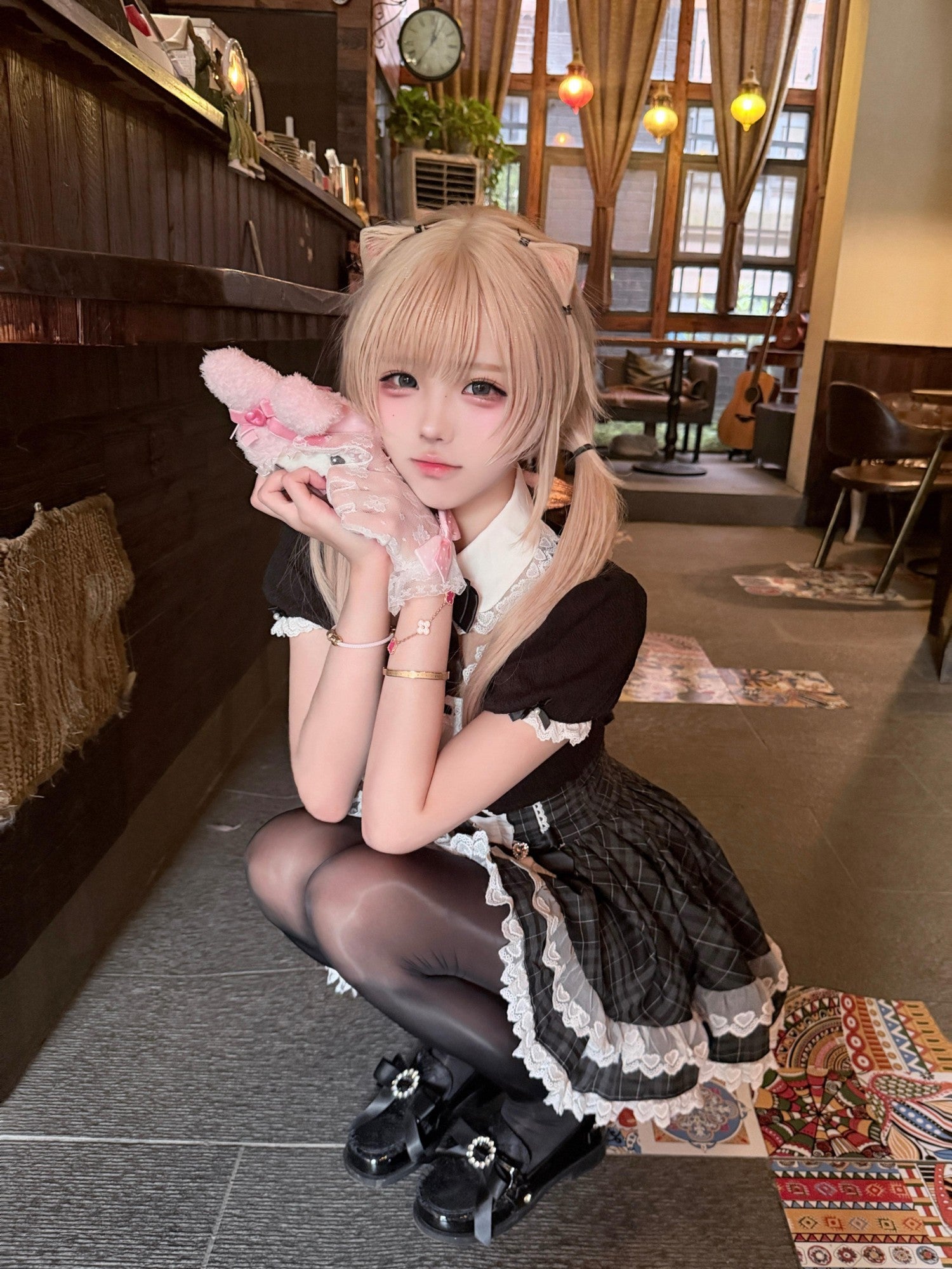 kukuwa Black White Maid Lace Splice Puff Sleeve Bow Pearl Women's Skirt Sets