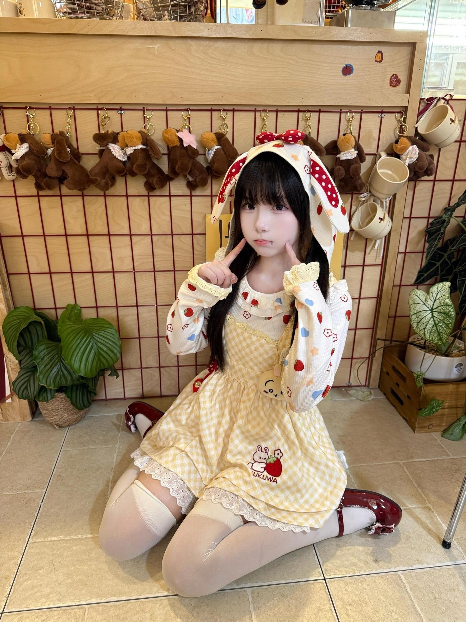 kukuwa Bunny Ear Print Long Sleeve Plaid Apron Women's Skirt Salopettes
