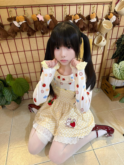 kukuwa Bunny Ear Print Long Sleeve Plaid Apron Women's Skirt Salopettes