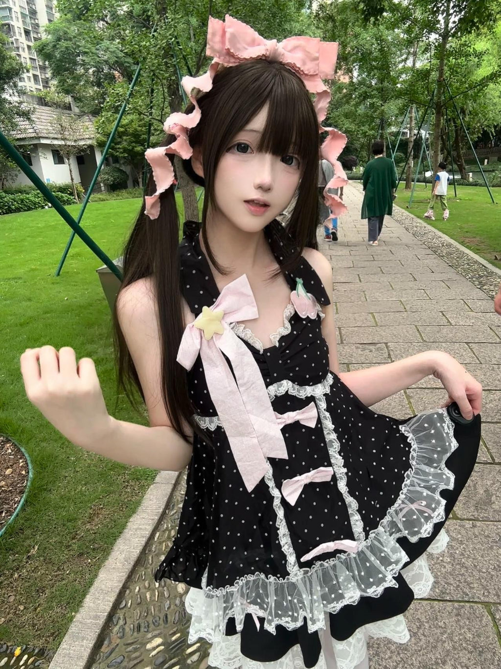 kukuwa Candy Pastel Polka Dot Lace Cami Star Bobble Applique Women's Skirt Sets