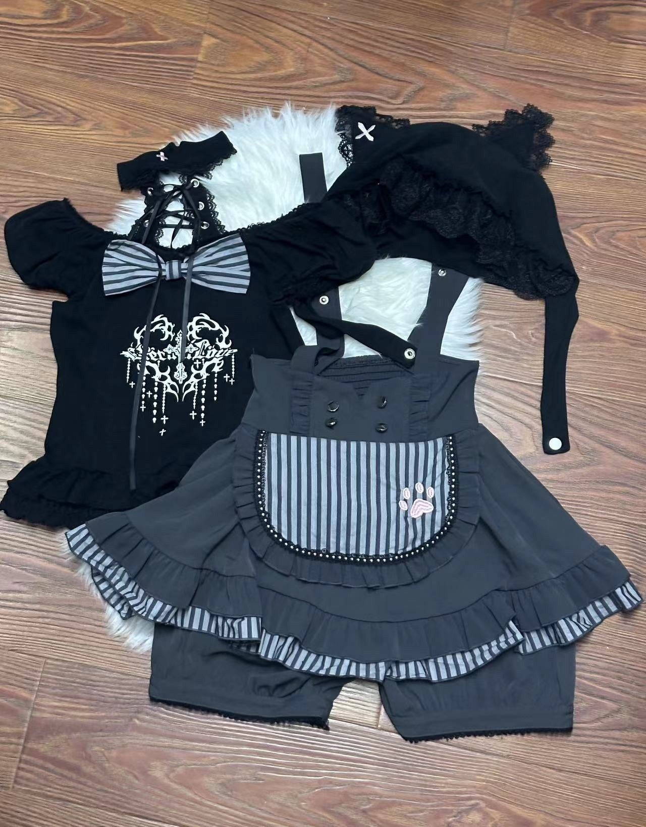 kukuwa_Cat_Print_Lace_Up_Puff_Sleeve_Gothic_Women's_Cotton_Skirt_Salopettes_829790650218_MISSTT