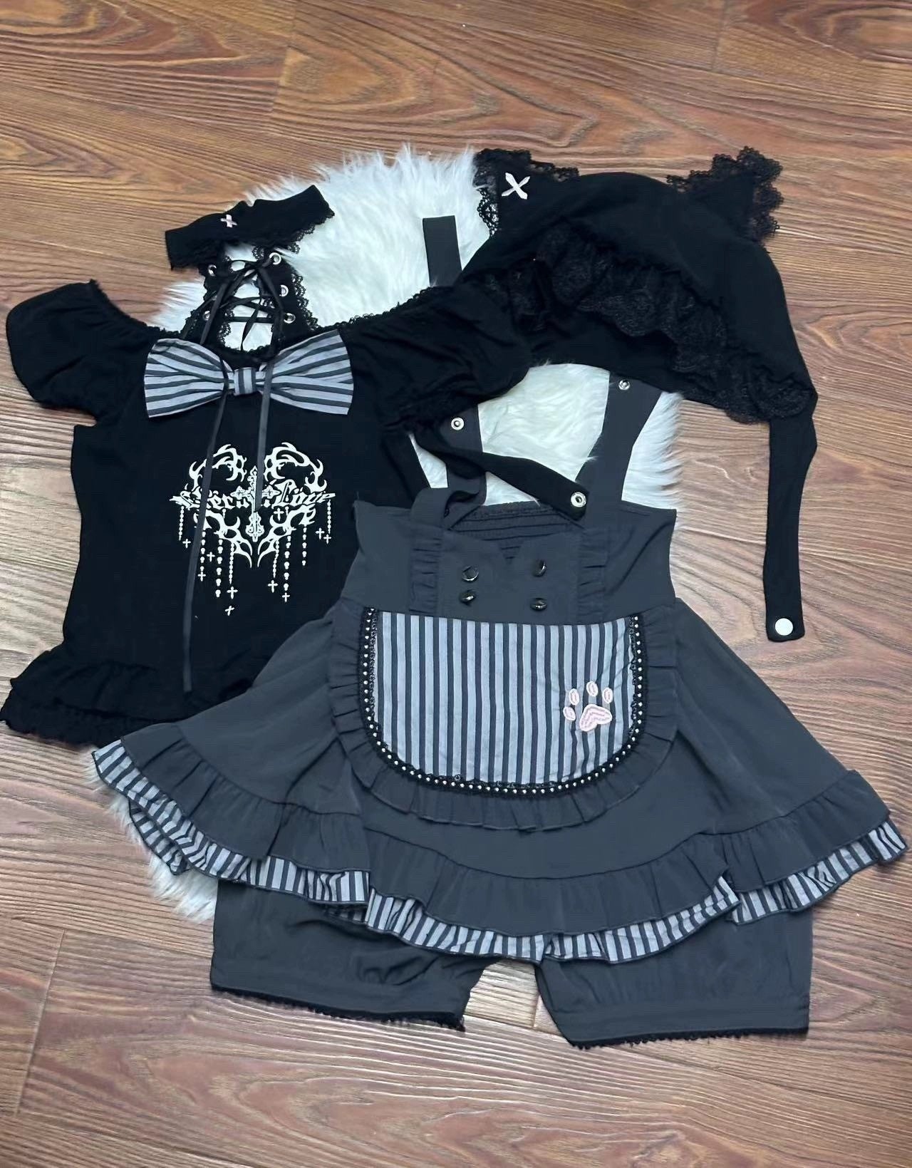kukuwa_Cat_Print_Lace_Up_Puff_Sleeve_Gothic_Women's_Cotton_Skirt_Salopettes_829790650218_MISSTT