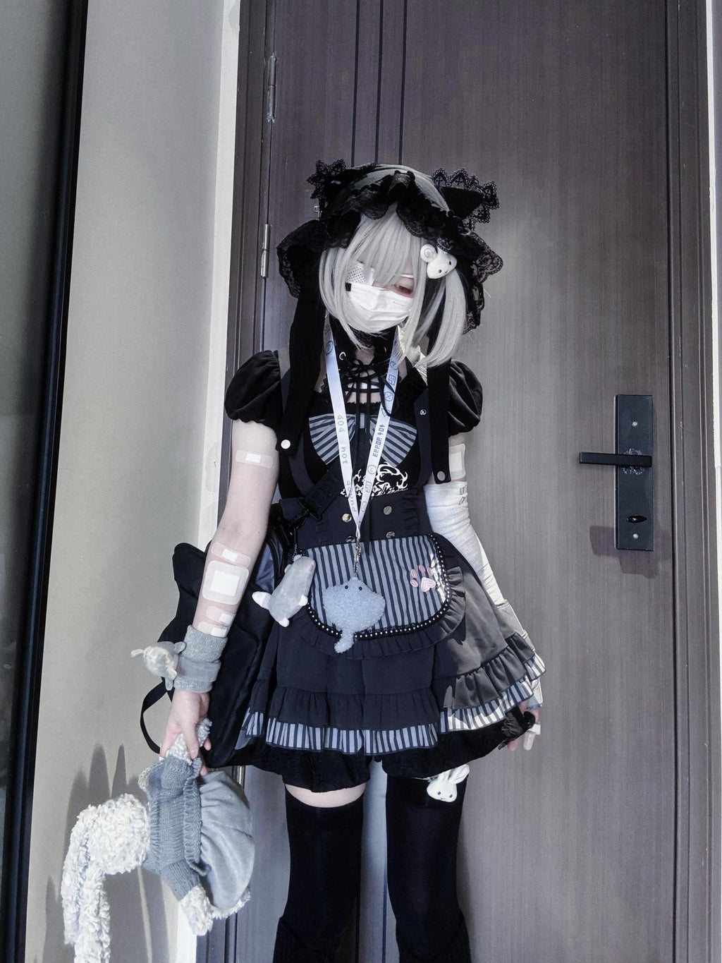 kukuwa Cat Print Lace Up Puff Sleeve Gothic Women's Cotton Skirt Salopettes