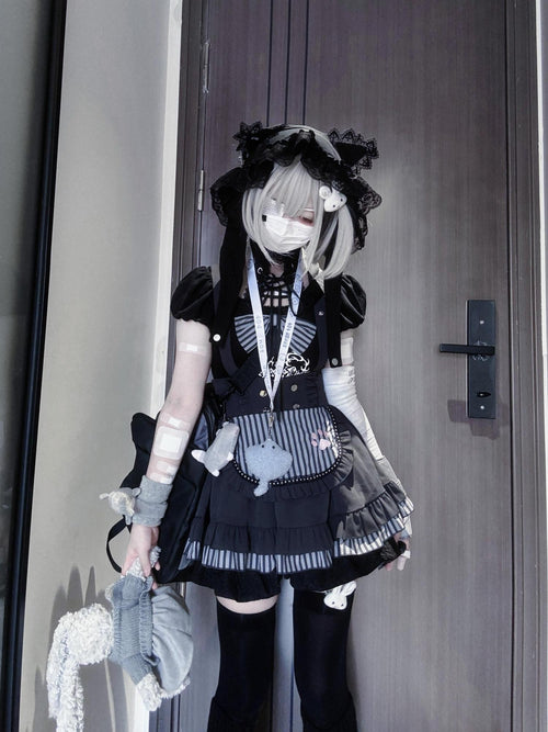 kukuwa Cat Print Lace Up Puff Sleeve Gothic Women's Cotton Skirt Salopettes