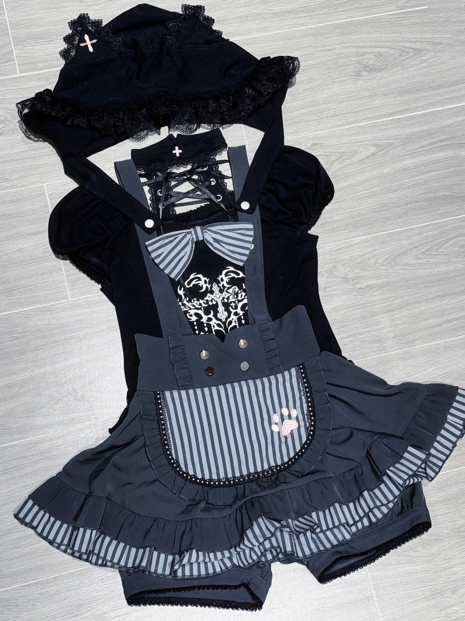 kukuwa Cat Print Lace Up Puff Sleeve Gothic Women's Cotton Skirt Salopettes