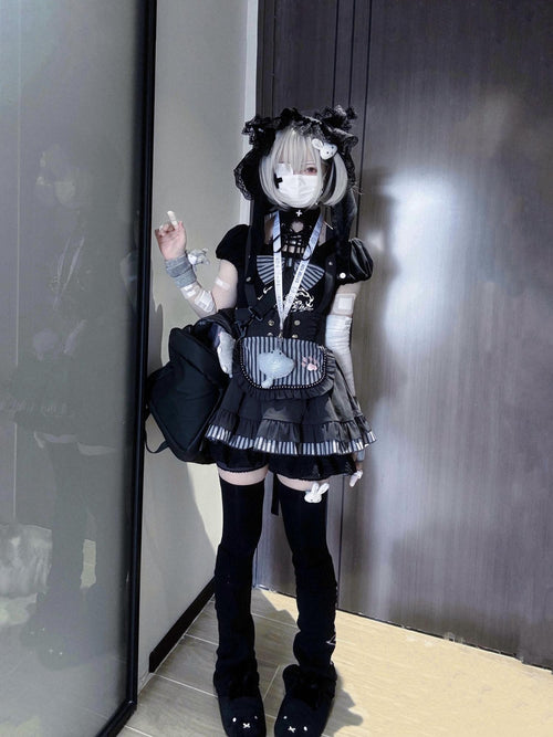 kukuwa Cat Print Lace Up Puff Sleeve Gothic Women's Cotton Skirt Salopettes