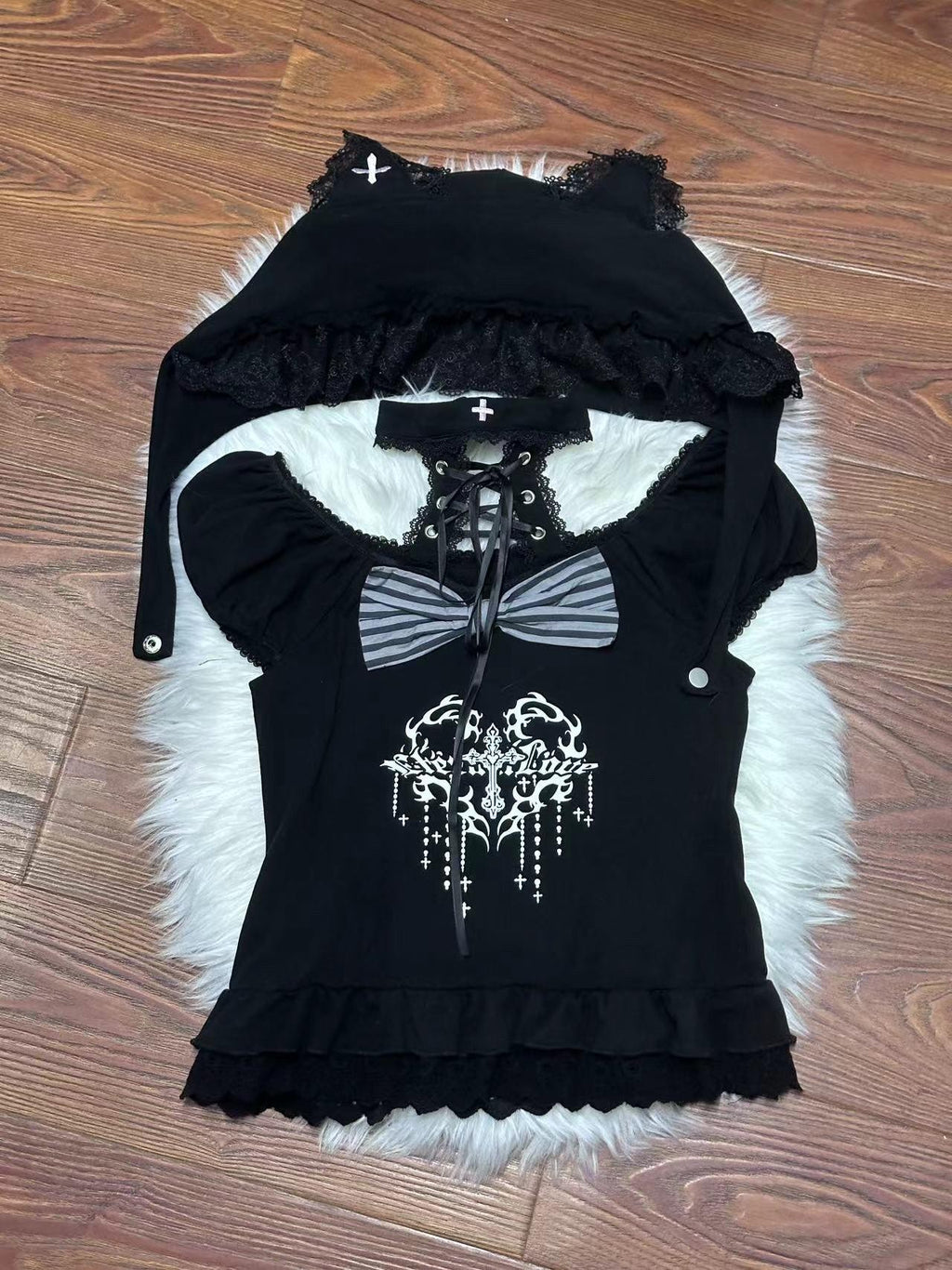 kukuwa Cat Print Lace Up Puff Sleeve Gothic Women's Cotton Skirt Salopettes