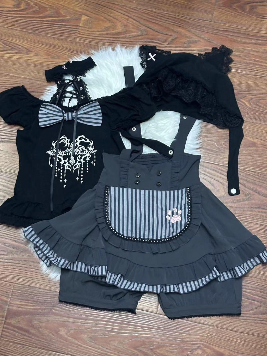 kukuwa Cat Print Lace Up Puff Sleeve Gothic Women's Cotton Skirt Salopettes