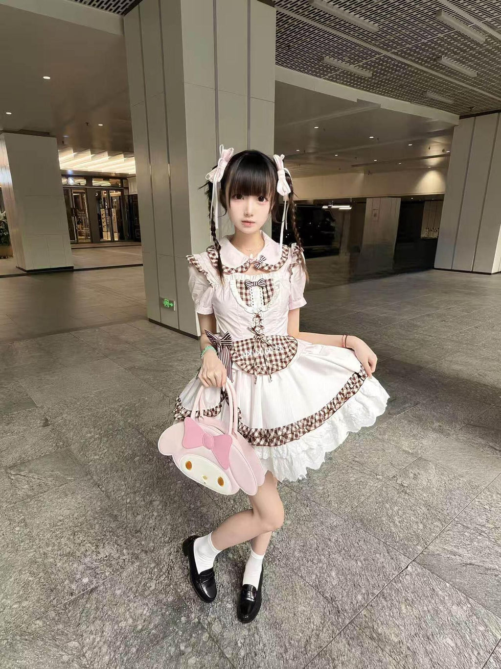 kukuwa Cute Cat Paw Pink Plaid Bow Puff Sleeve Maid Apron Women's Short Sleeve Op