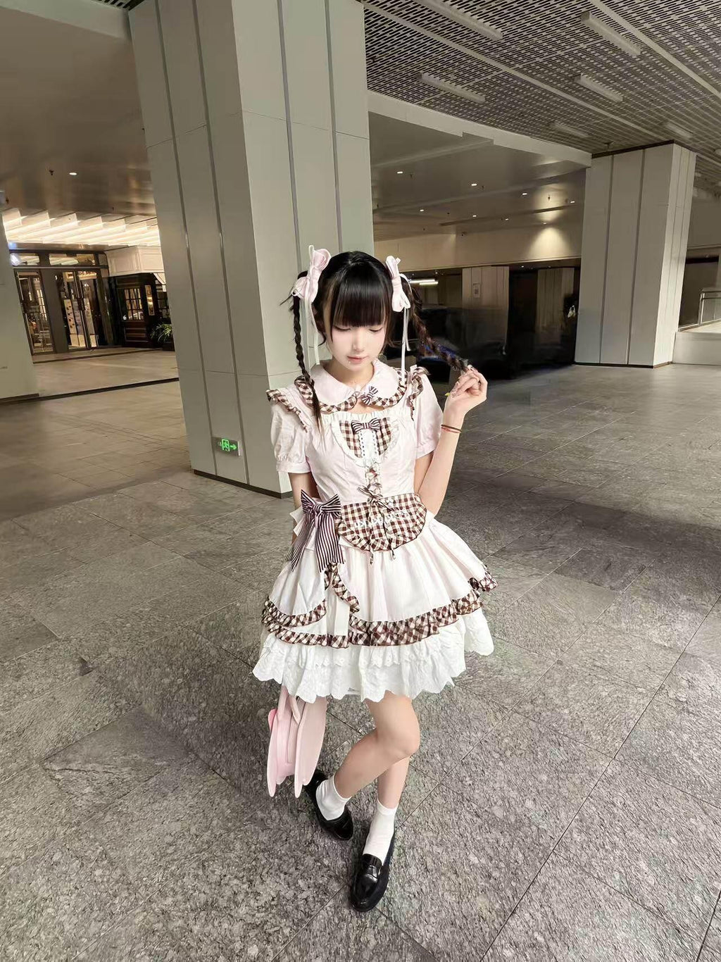 kukuwa Cute Cat Paw Pink Plaid Bow Puff Sleeve Maid Apron Women's Short Sleeve Op