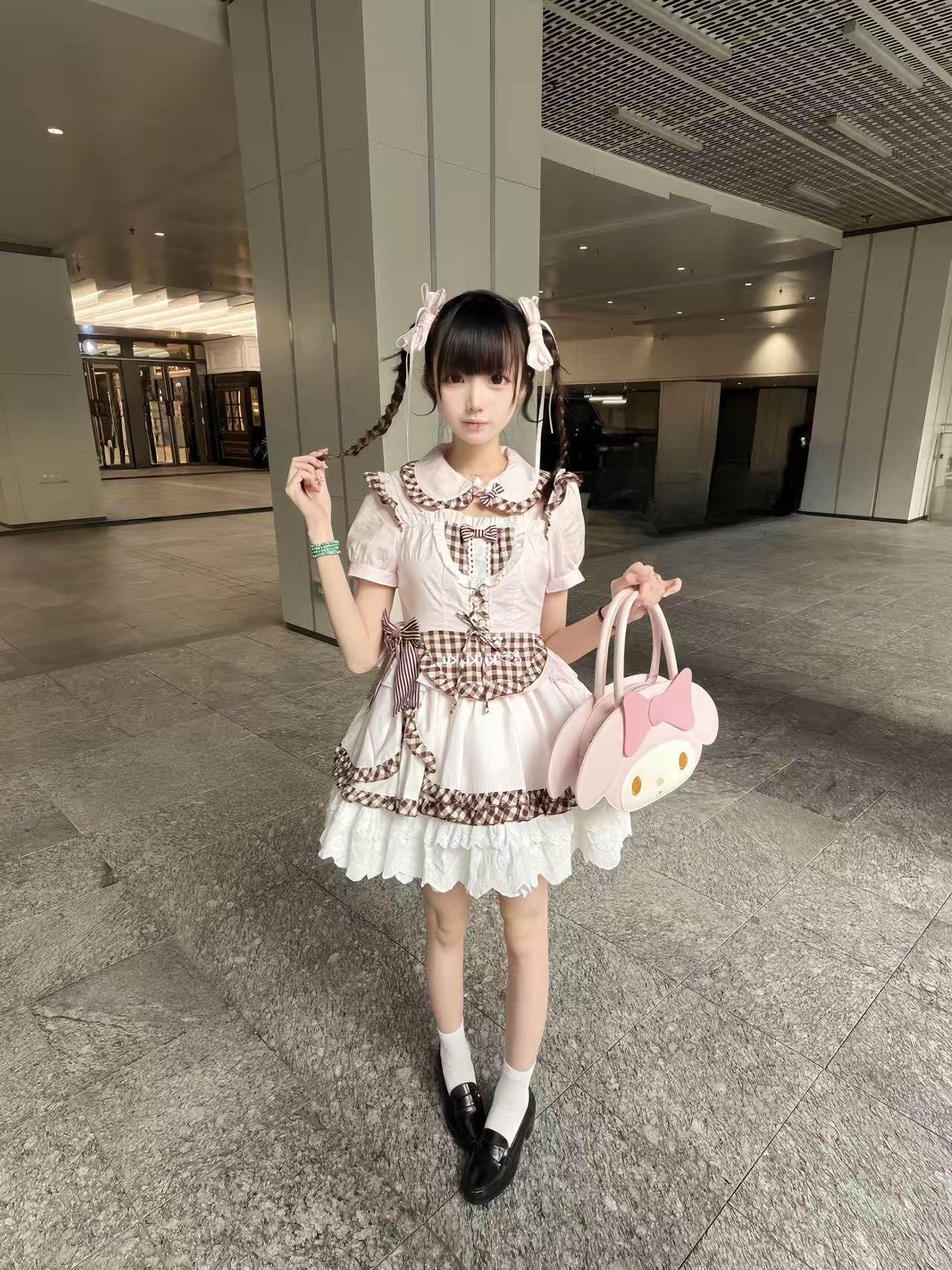 kukuwa Cute Cat Paw Pink Plaid Bow Puff Sleeve Maid Apron Women's Short Sleeve Op