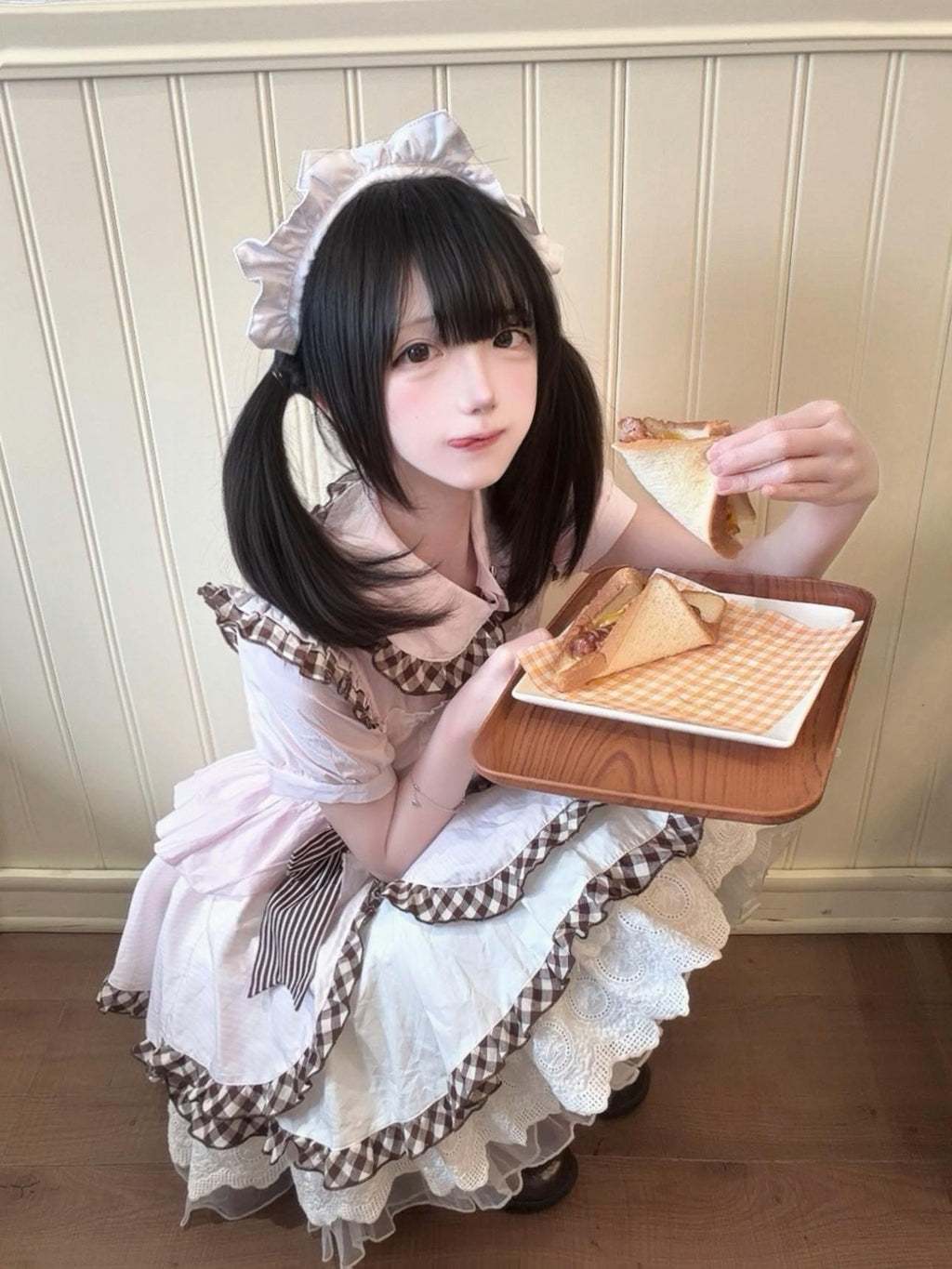 kukuwa Cute Cat Paw Pink Plaid Bow Puff Sleeve Maid Apron Women's Short Sleeve Op