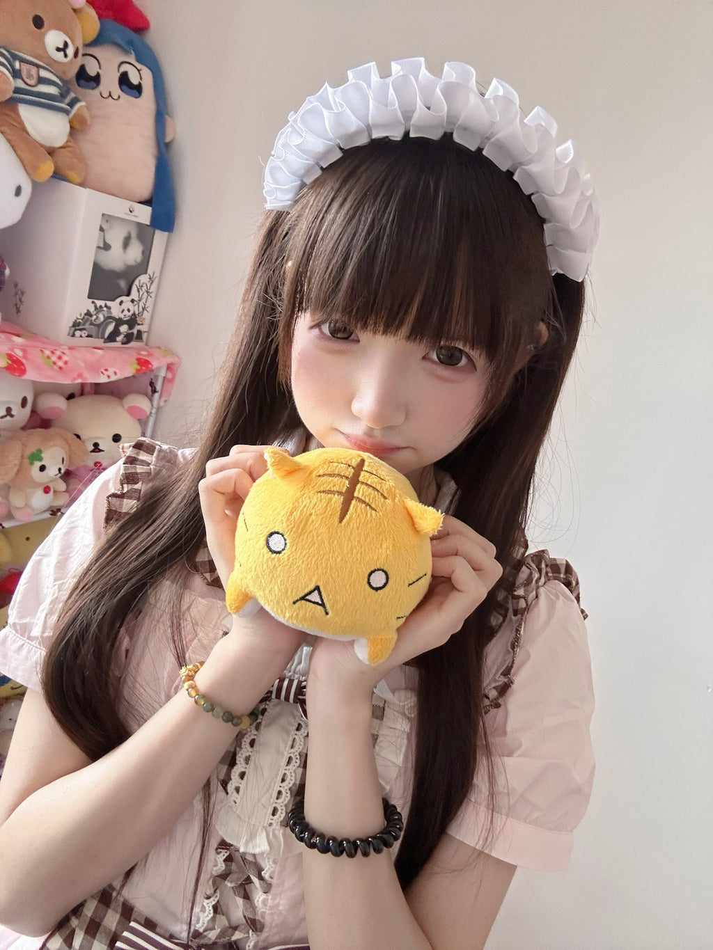 kukuwa Cute Cat Paw Pink Plaid Bow Puff Sleeve Maid Apron Women's Short Sleeve Op