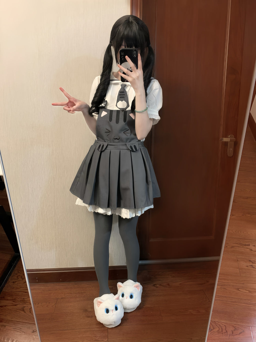 kukuwa Cute Embroidered Cat Pinafore Women's Knit Cardigan Full Coordination Sets
