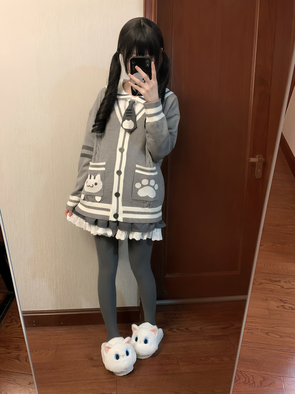 kukuwa Cute Embroidered Cat Pinafore Women's Knit Cardigan Full Coordination Sets