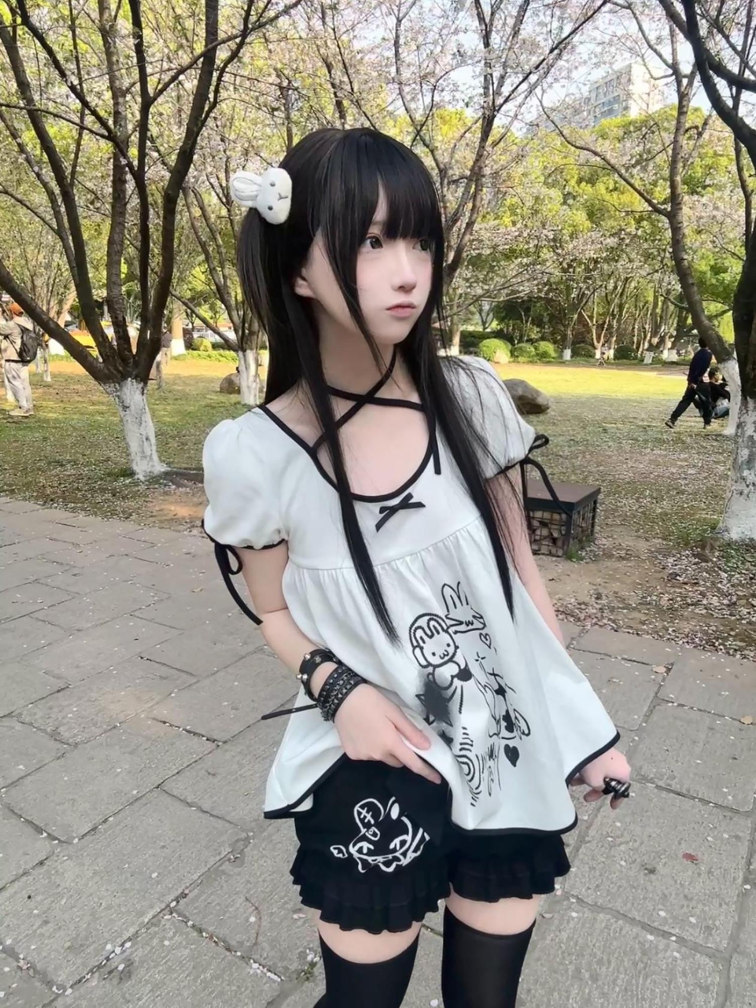 kukuwa Cute Rabbit Print Bow Puff Sleeve Women's Short Sleeve Cutsews