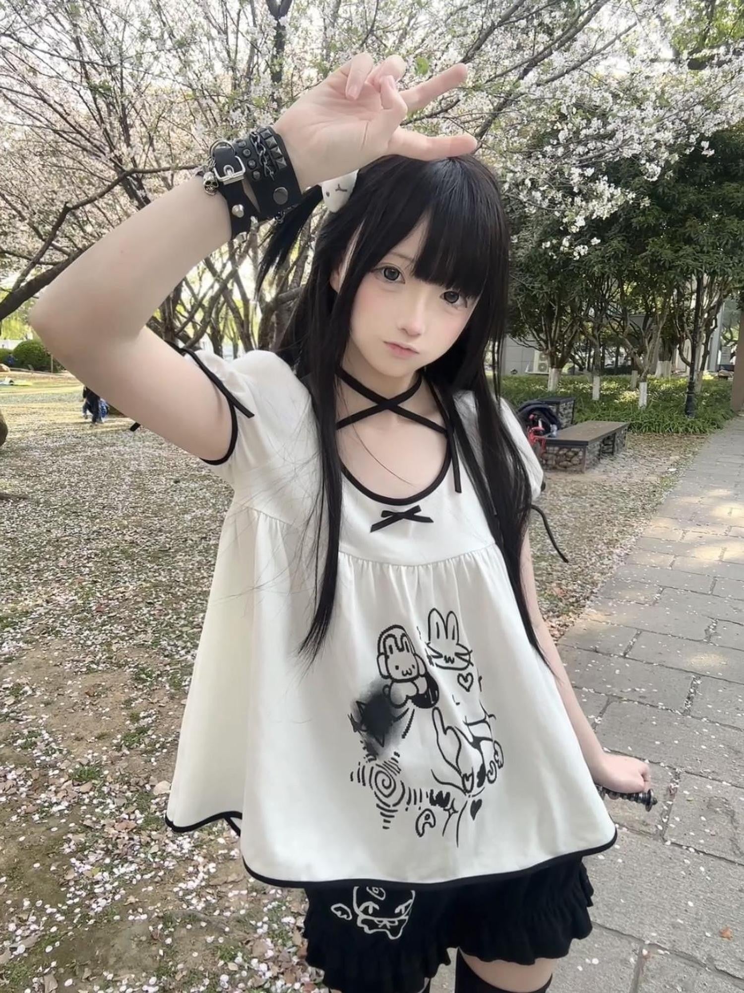 kukuwa Cute Rabbit Print Bow Puff Sleeve Women's Short Sleeve Cutsews