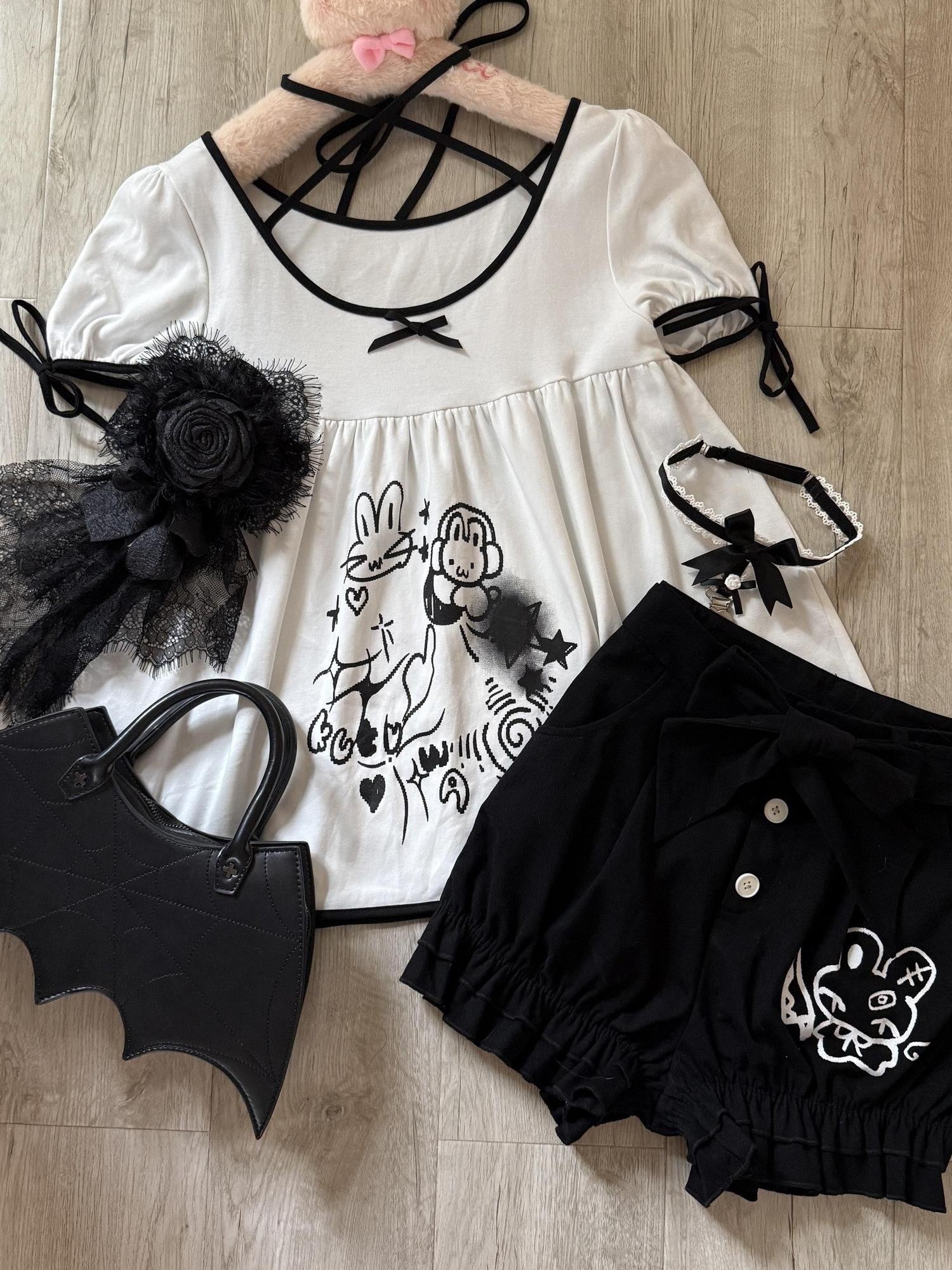 kukuwa Cute Rabbit Print Bow Puff Sleeve Women's Short Sleeve Cutsews