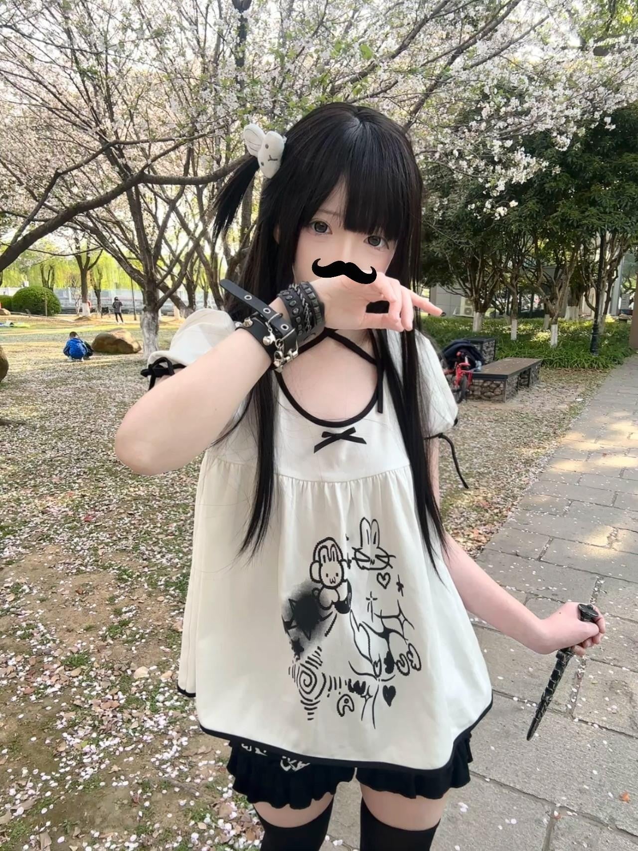 kukuwa Cute Rabbit Print Bow Puff Sleeve Women's Short Sleeve Cutsews