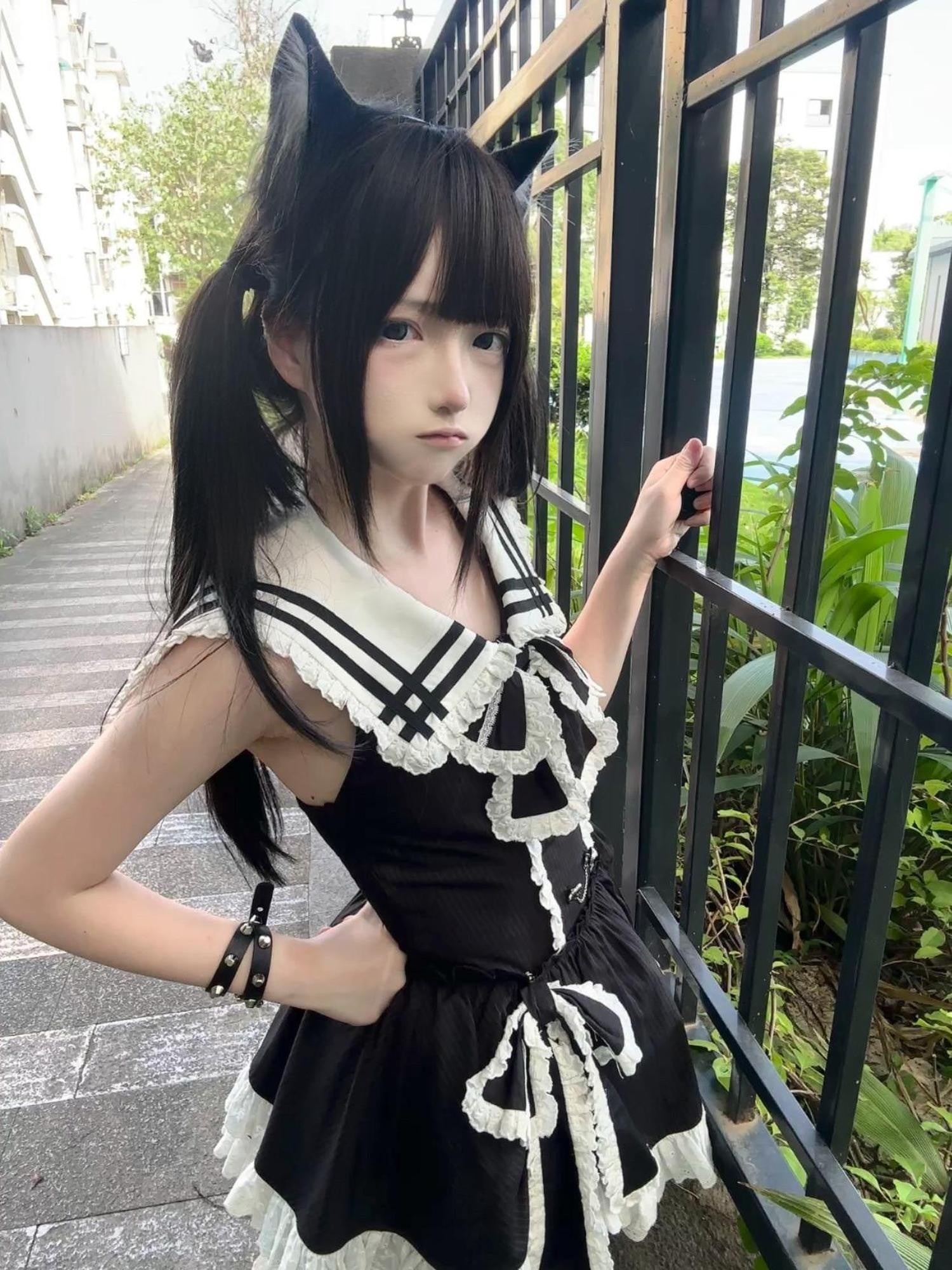 kukuwa Dark Doll Subculture Navy Backless Bow Women's Short Sleeve Op
