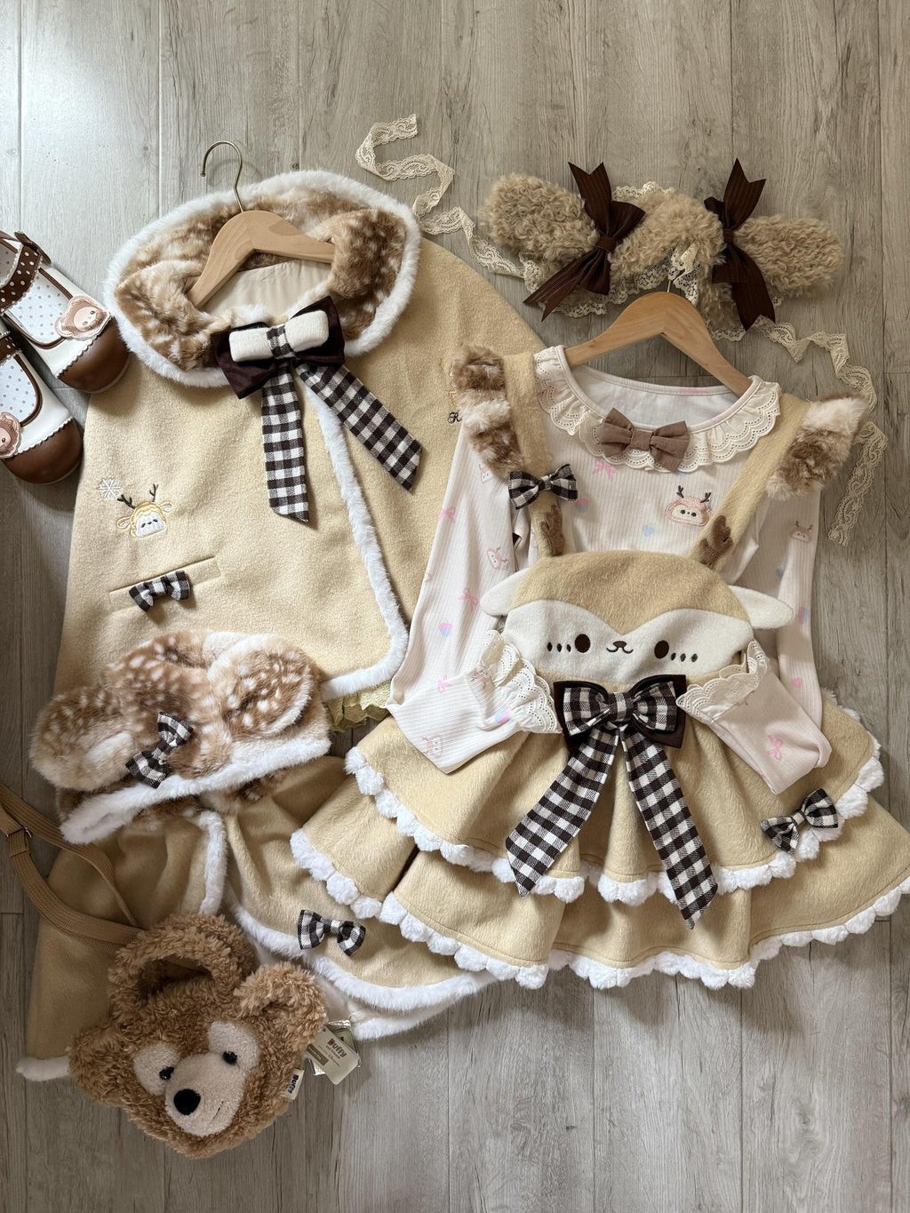 kukuwa Deer Ear Cape Embroidered Lace Straps Women's Plush Jsk / Jumper Skirts