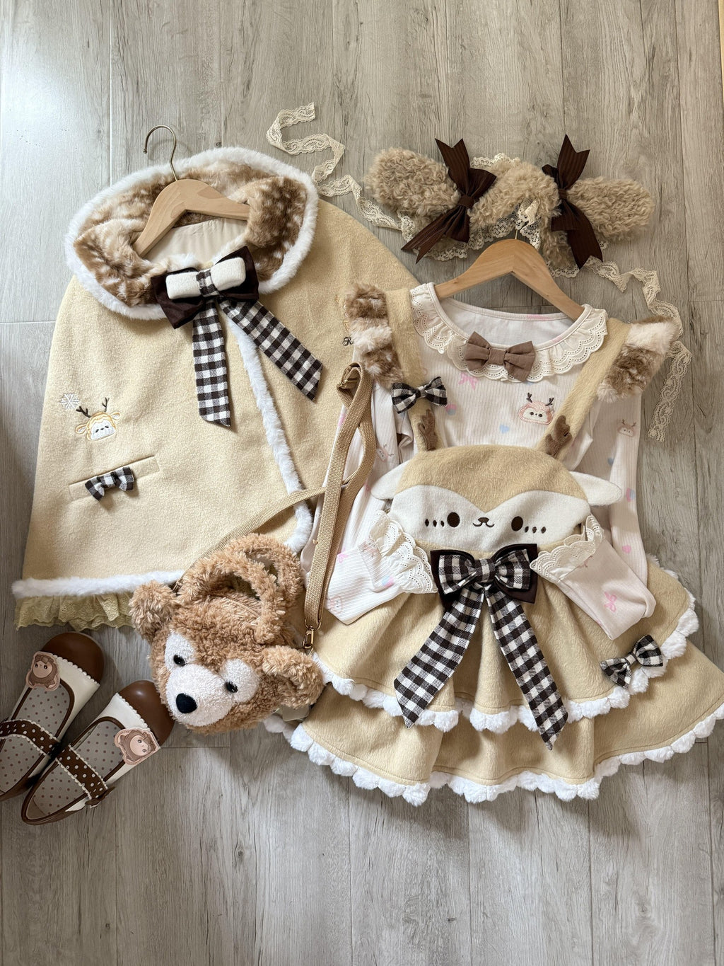 kukuwa Deer Ear Cape Embroidered Lace Straps Women's Plush Jsk / Jumper Skirts