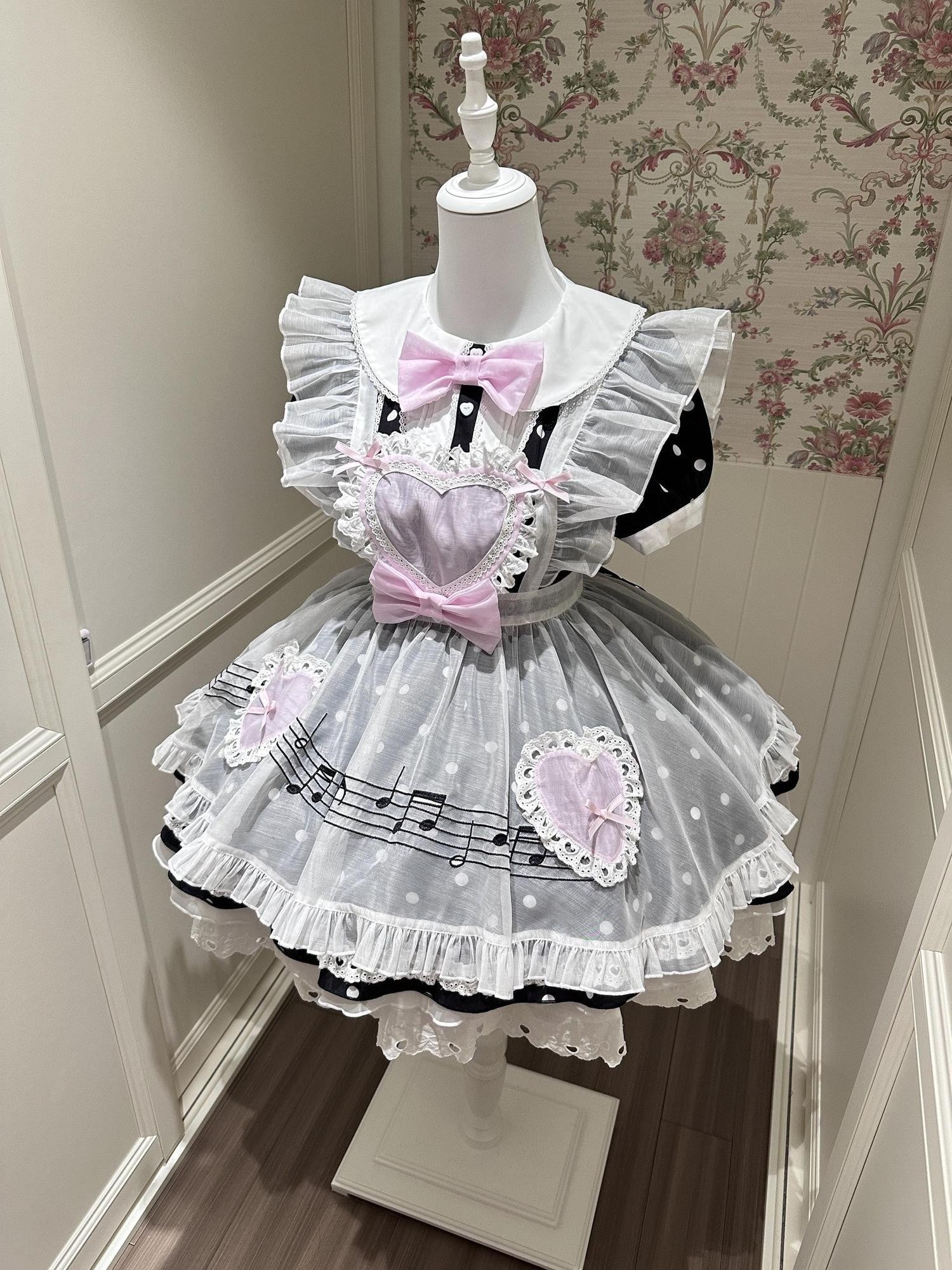 kukuwa Heart Embroidered Musical Note Polka Dot Women's Chiffon Short Sleeve Op