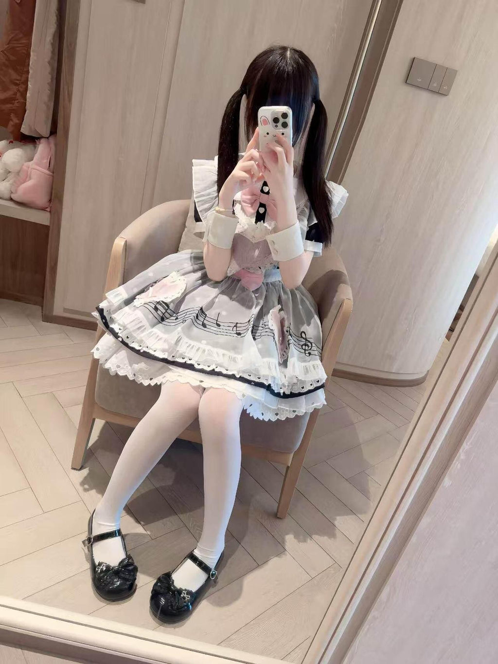 kukuwa Heart Embroidered Musical Note Polka Dot Women's Chiffon Short Sleeve Op