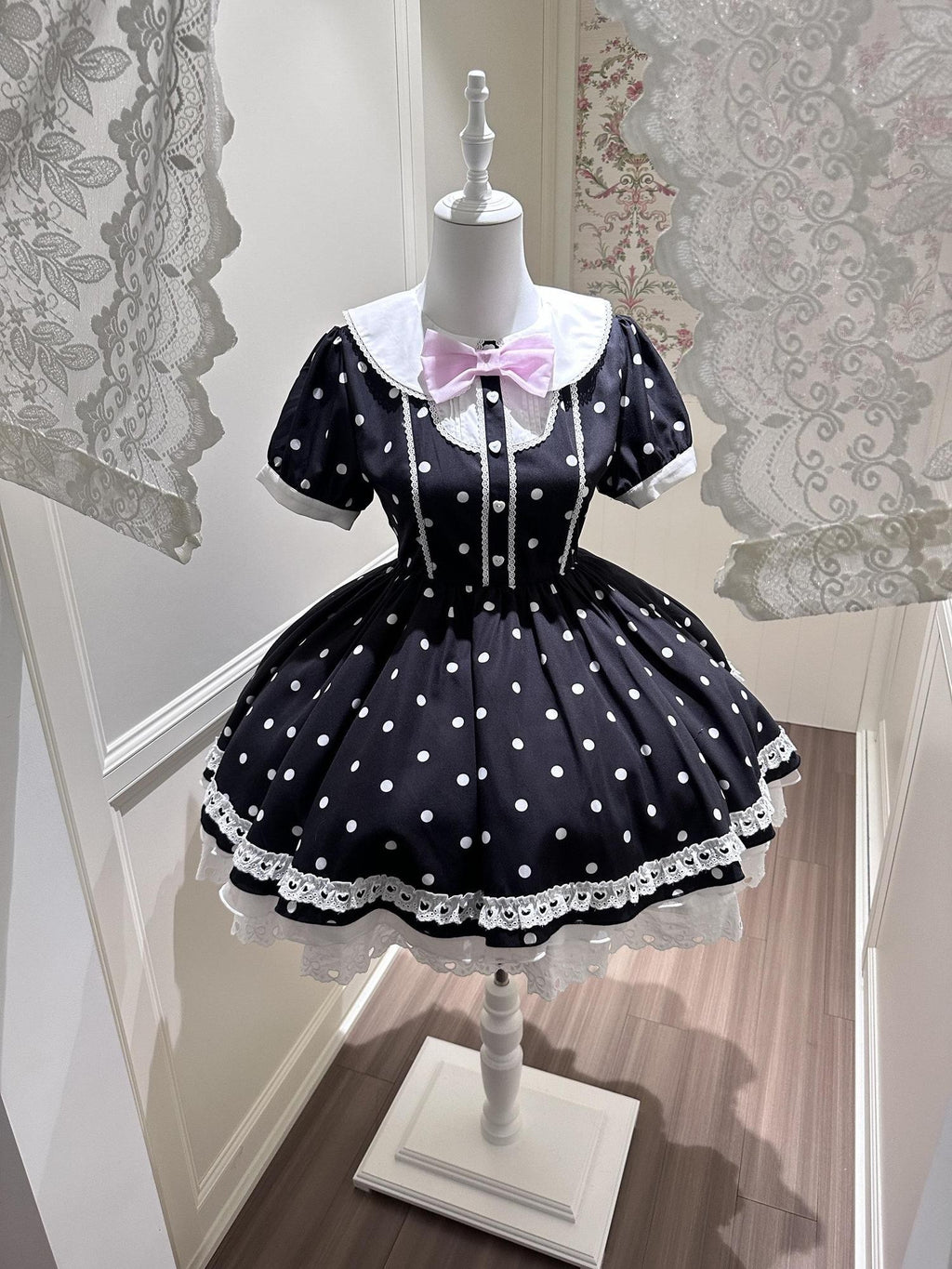 kukuwa Heart Embroidered Musical Note Polka Dot Women's Chiffon Short Sleeve Op