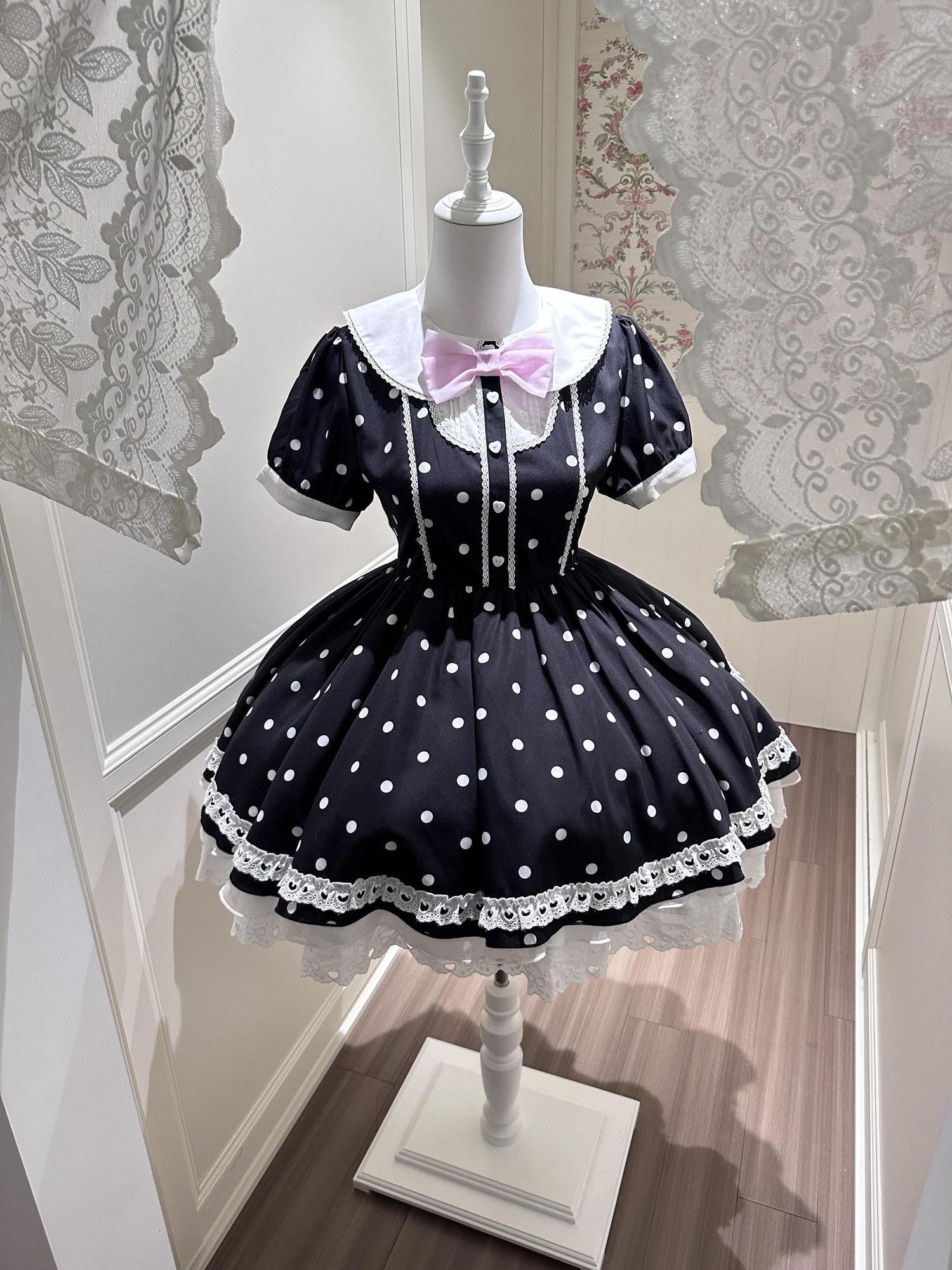 kukuwa Heart Embroidered Musical Note Polka Dot Women's Chiffon Short Sleeve Op
