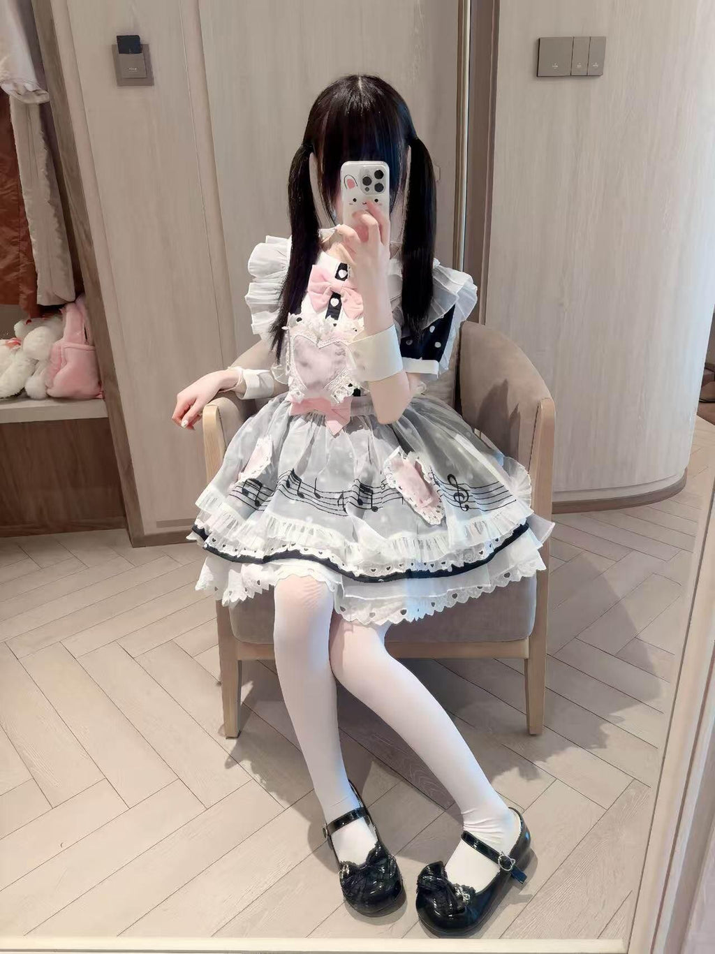 kukuwa Heart Embroidered Musical Note Polka Dot Women's Chiffon Short Sleeve Op