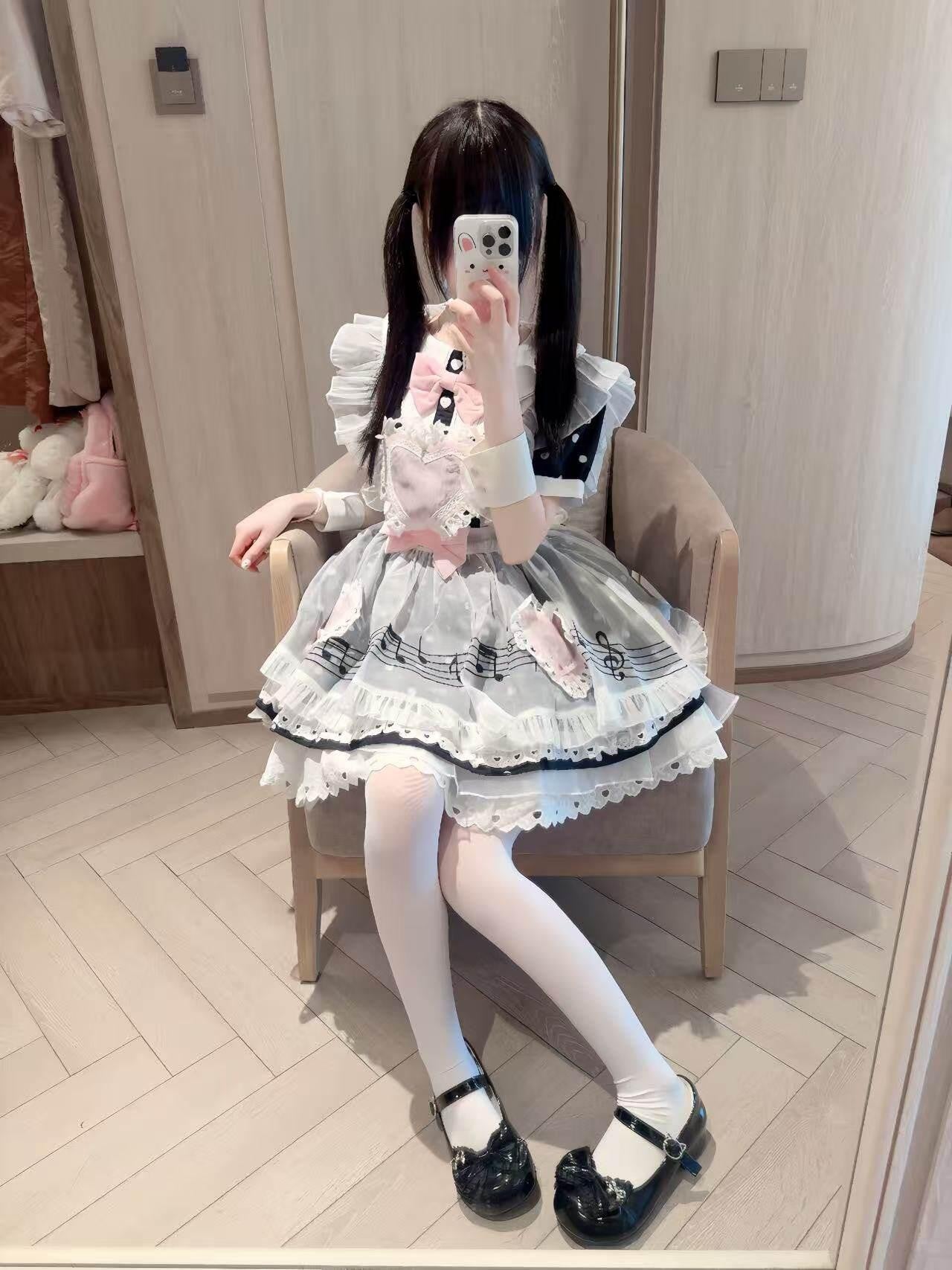 kukuwa Heart Embroidered Musical Note Polka Dot Women's Chiffon Short Sleeve Op