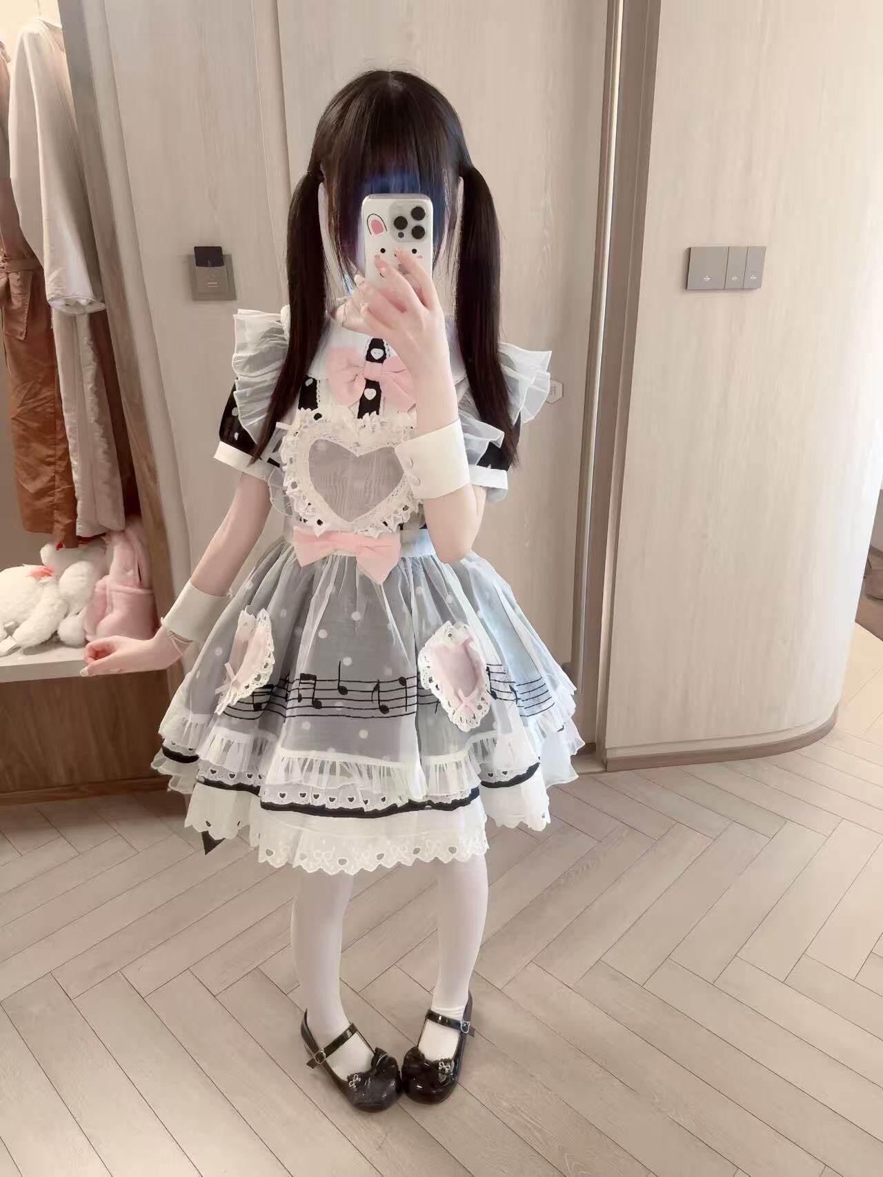 kukuwa Heart Embroidered Musical Note Polka Dot Women's Chiffon Short Sleeve Op