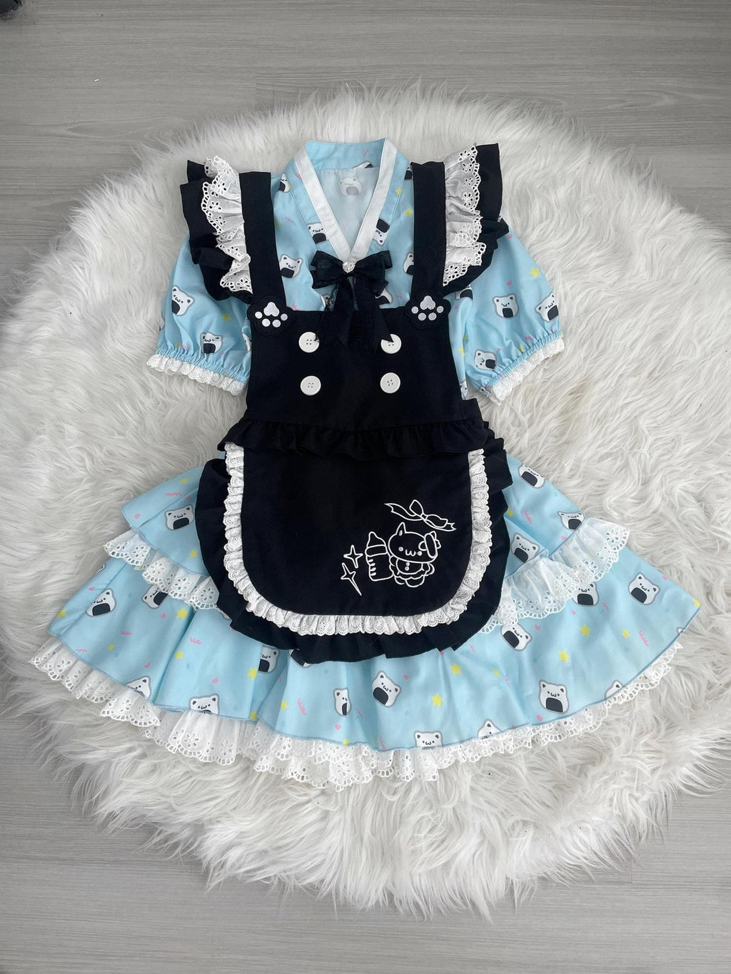 kukuwa Kawaii Cat Retro Print Lace Embroidered Apron Women's Short Sleeve Op