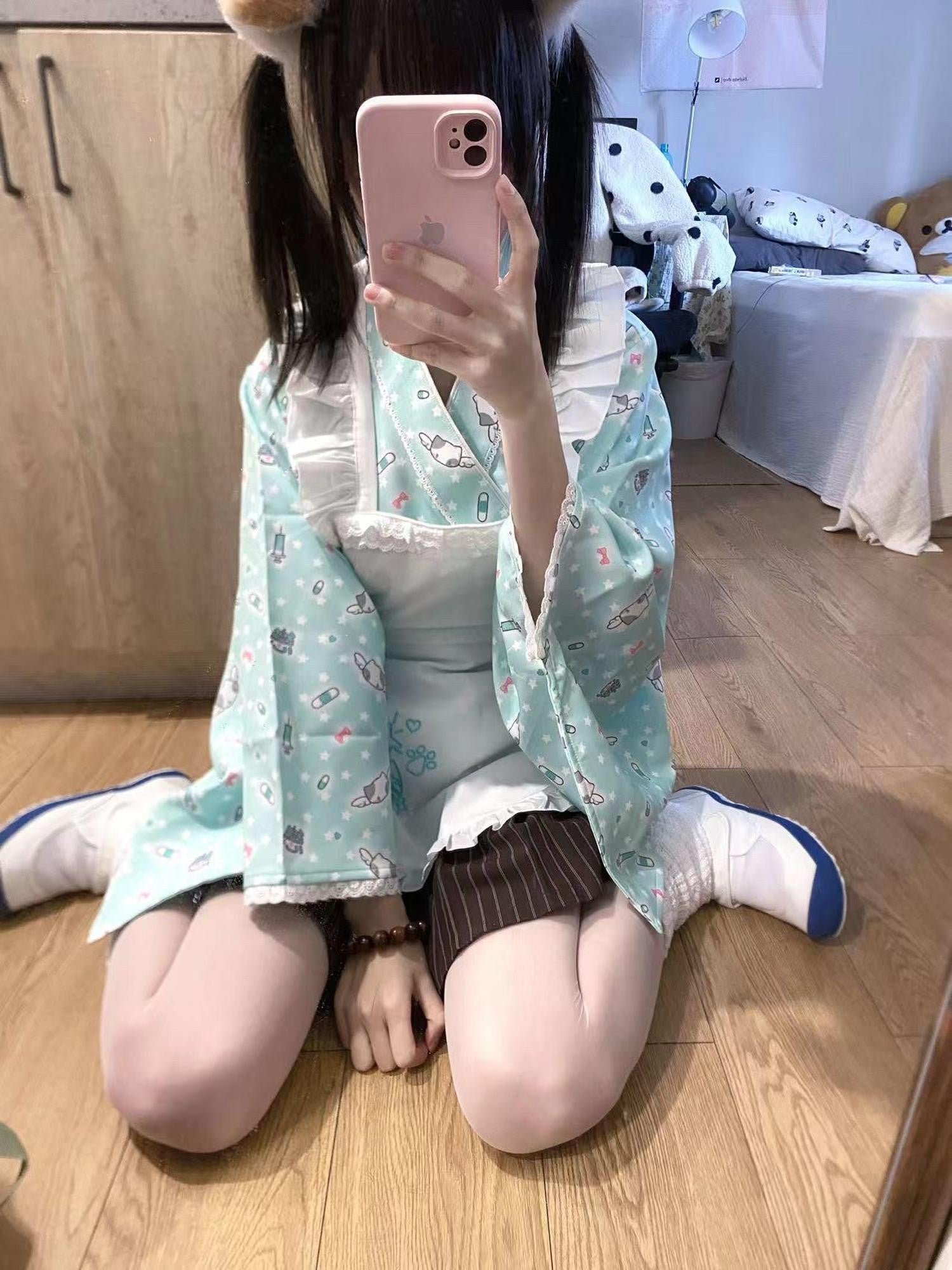 kukuwa Mint Cat Embroidered Loop Print Maid Apron Women's Full Coordination Sets
