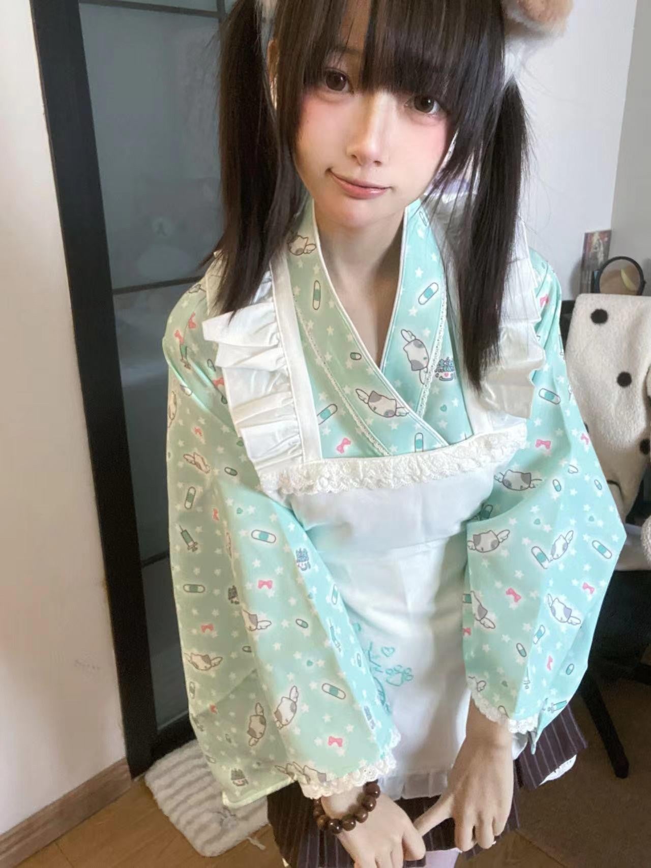 kukuwa Mint Cat Embroidered Loop Print Maid Apron Women's Full Coordination Sets