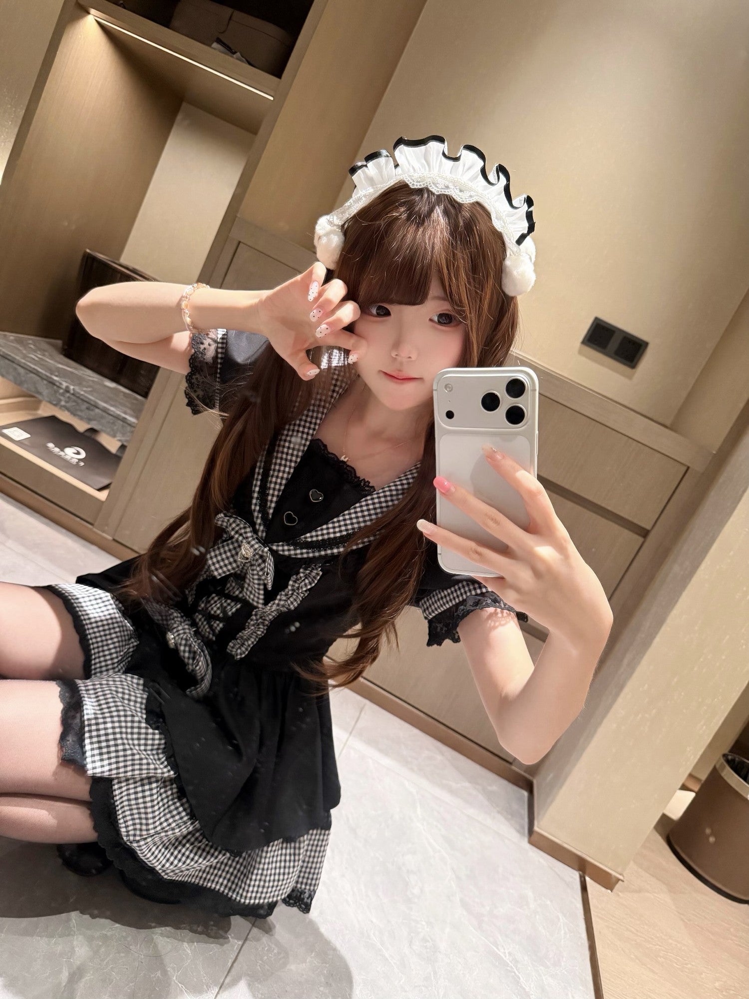 kukuwa Navy Plaid Tiered Lace Bow Heart Rhinestone Slimming Women's Short Sleeve Op