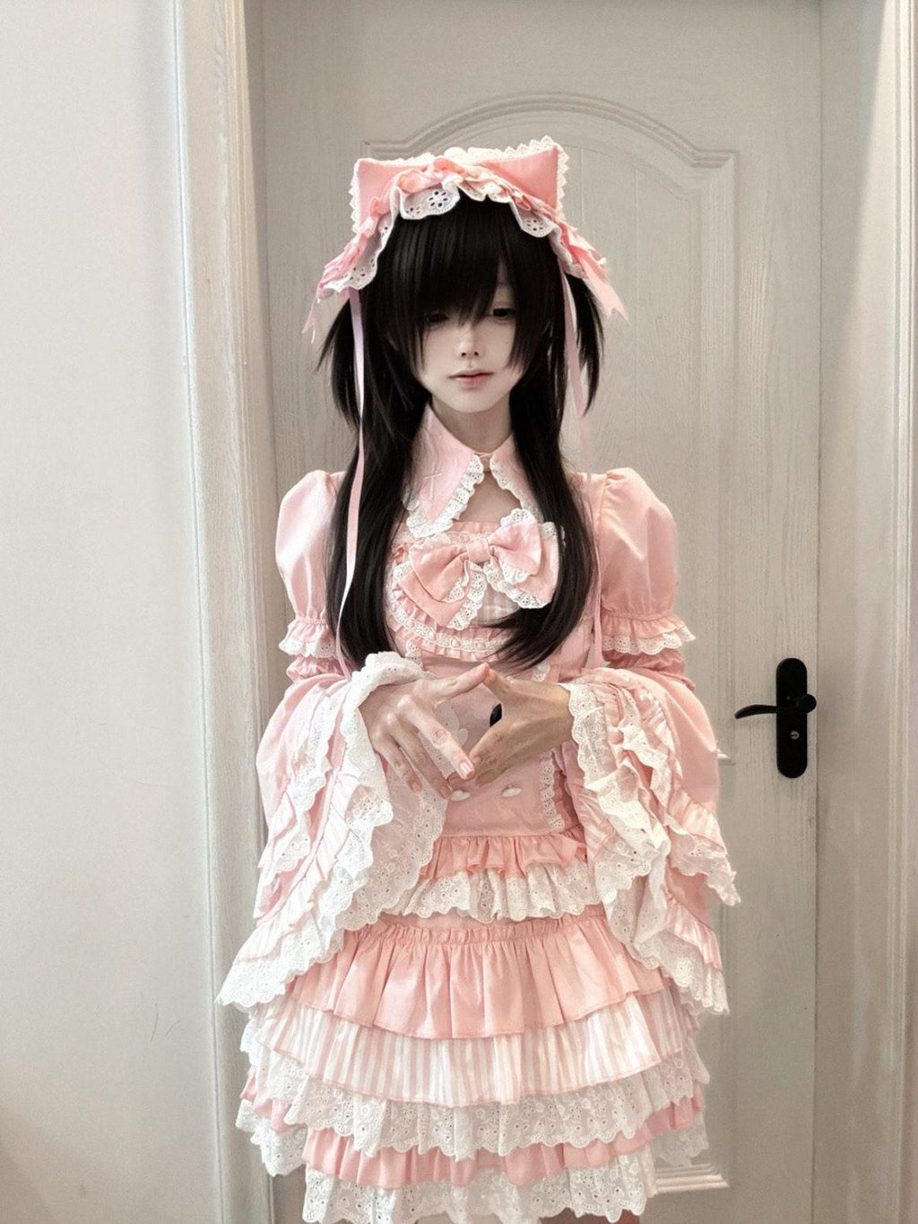 kukuwa Pastel Pink Striped Doll Bow Princess Sleeve Cat Ear Women's Cake Skirt Sets
